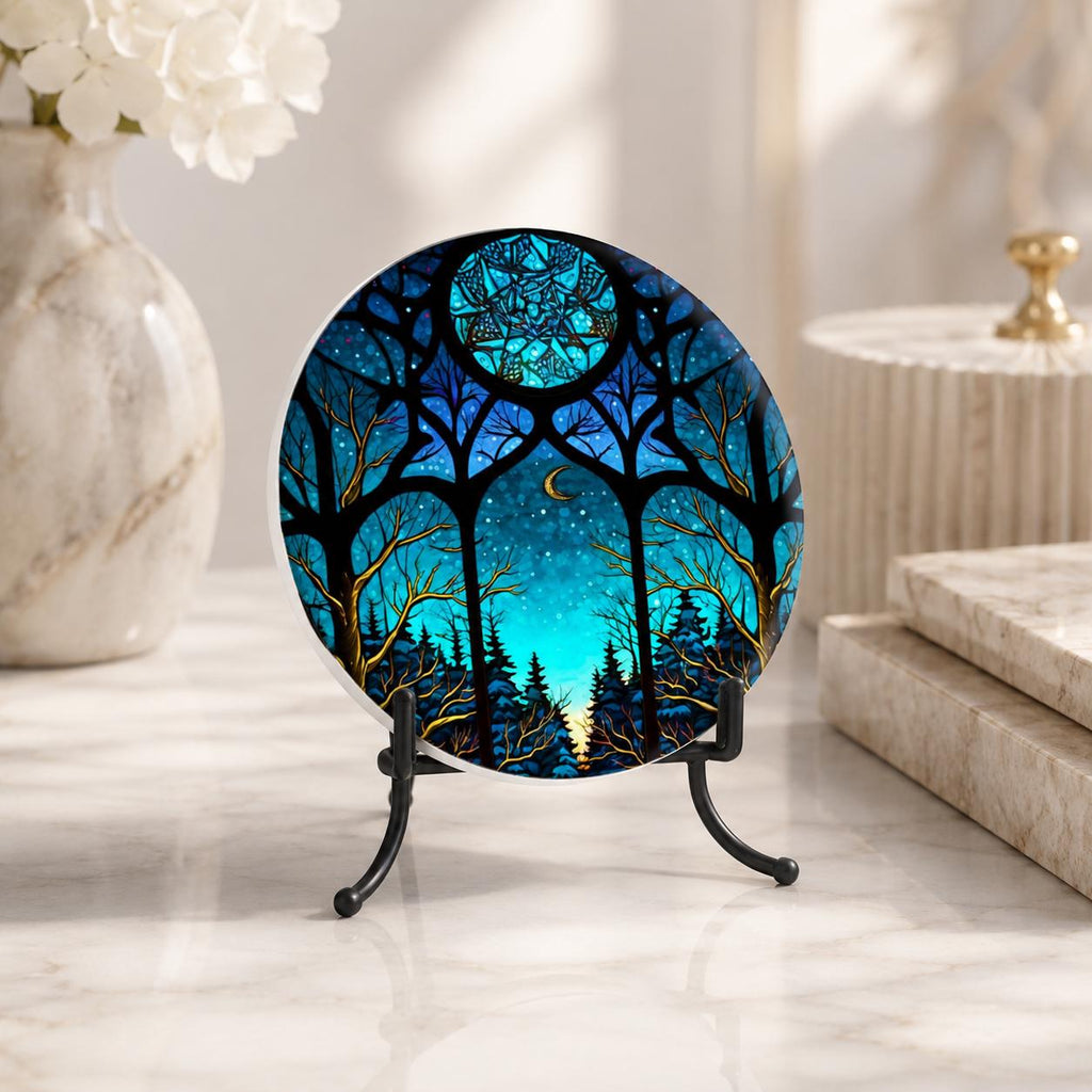 Moonlit Forest Ceramic Coaster, Smooth Surface Celestial Night Sky Decor