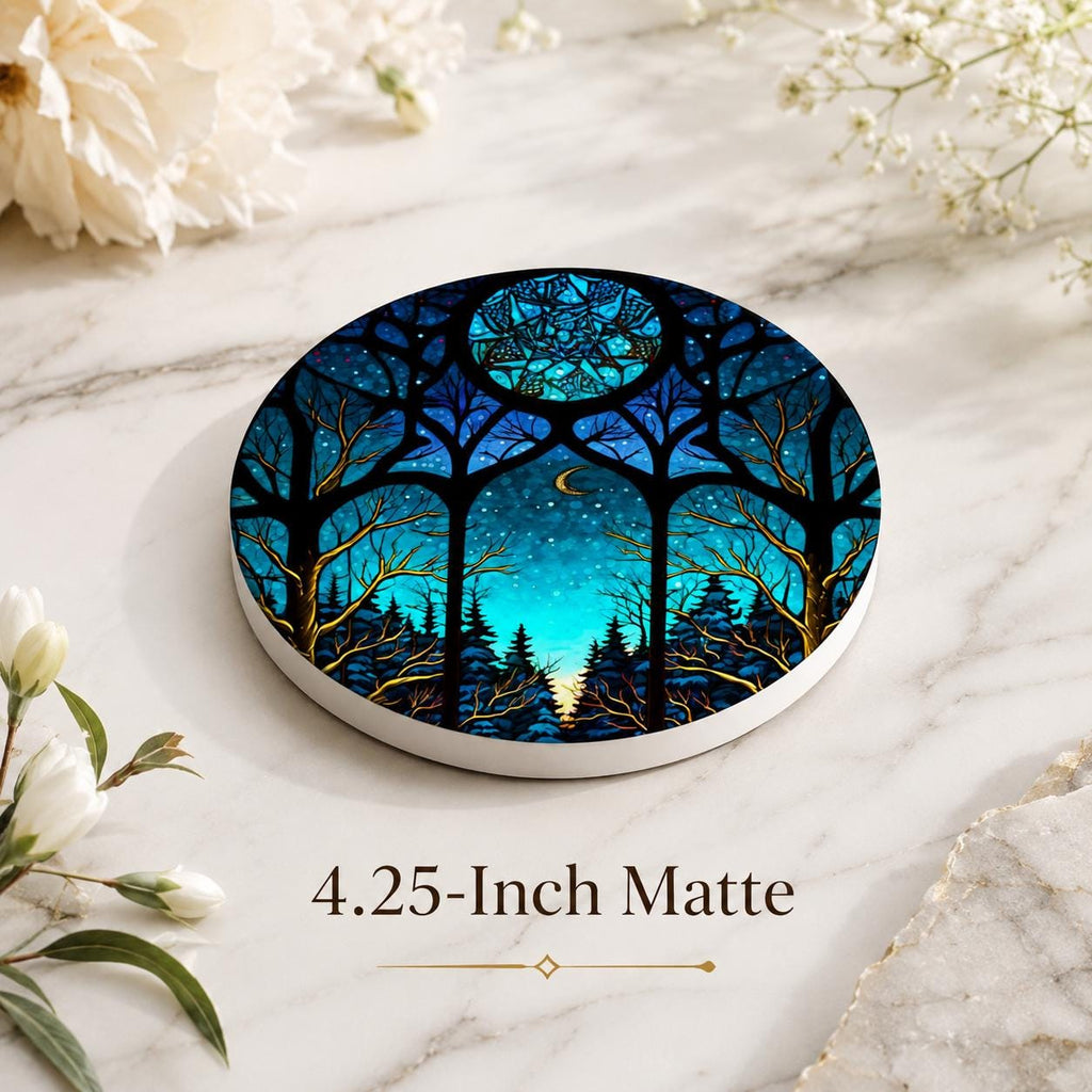 Moonlit Forest Ceramic Coaster, Smooth Surface Celestial Night Sky Decor