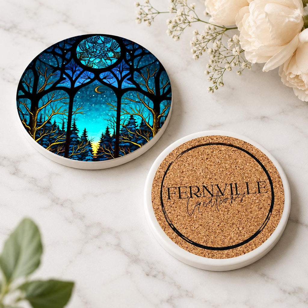 Moonlit Forest Ceramic Coaster, Smooth Surface Celestial Night Sky Decor