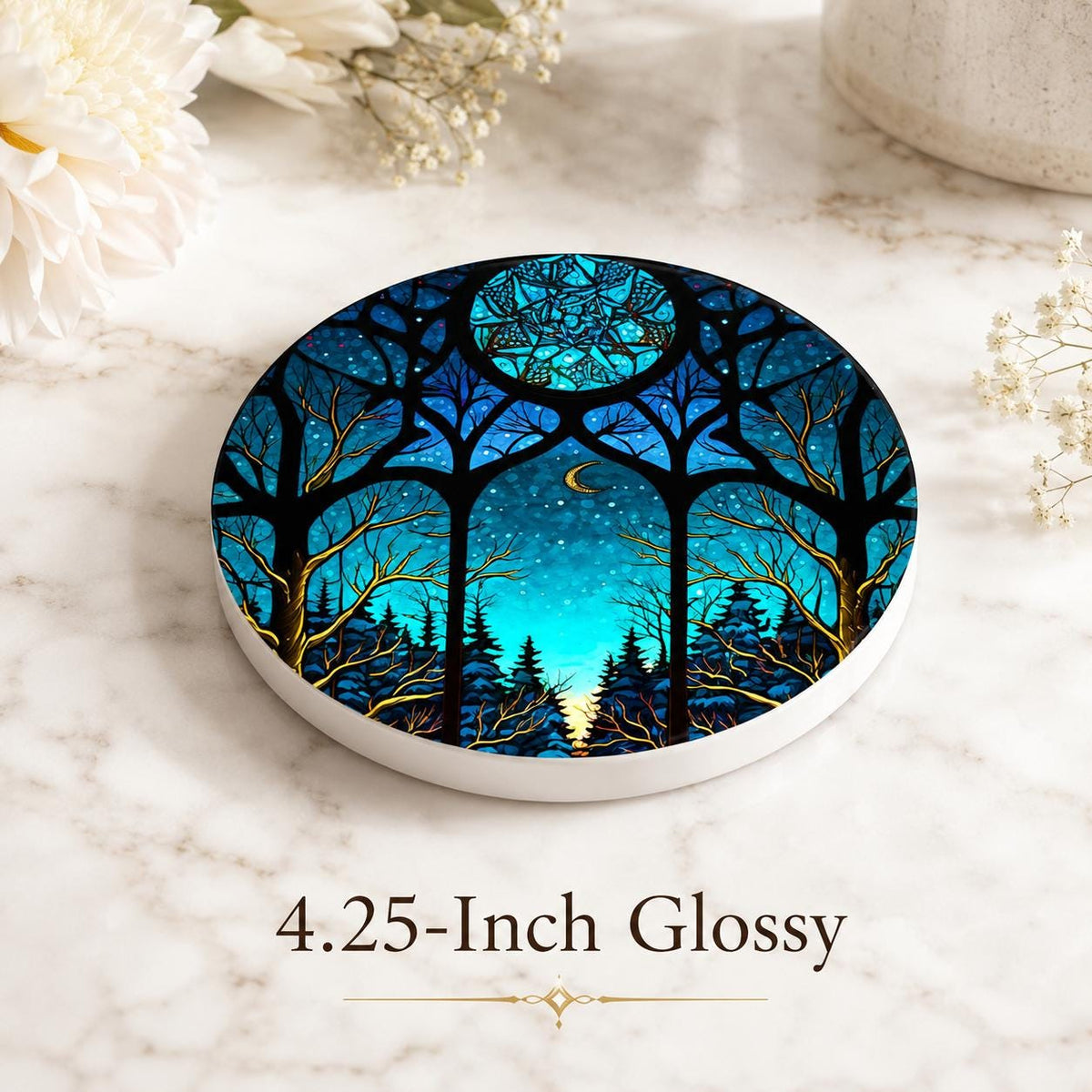 Moonlit Forest Ceramic Coaster, Smooth Surface Celestial Night Sky Decor