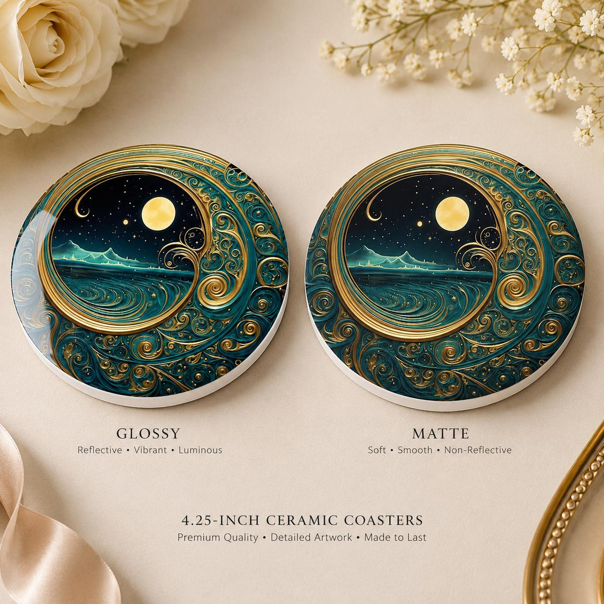 Moonlit Ocean Coaster, Celestial Coastal Decor, Teal Gold Art Nouveau Gift