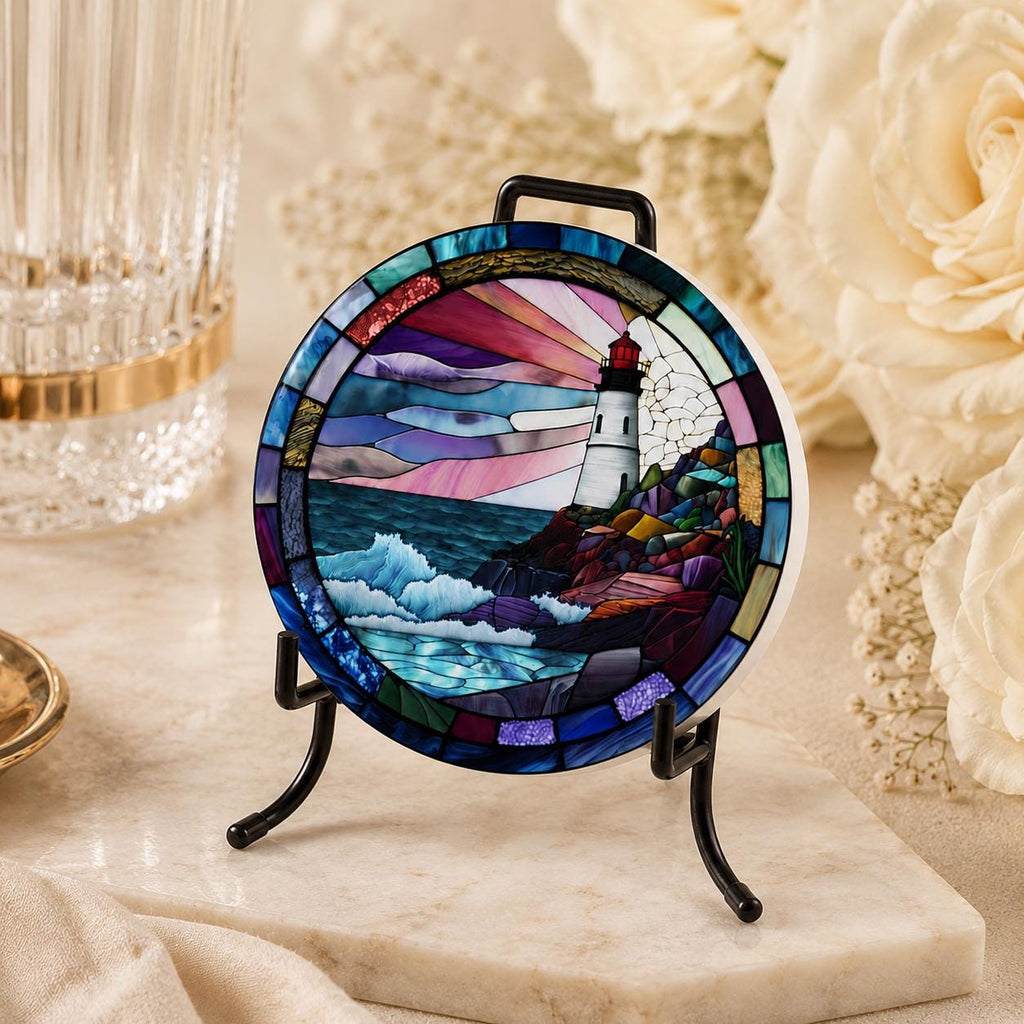 Coastal Lighthouse Ceramic Coaster, Round Ocean Drink Mat, Nautical Gift Decor