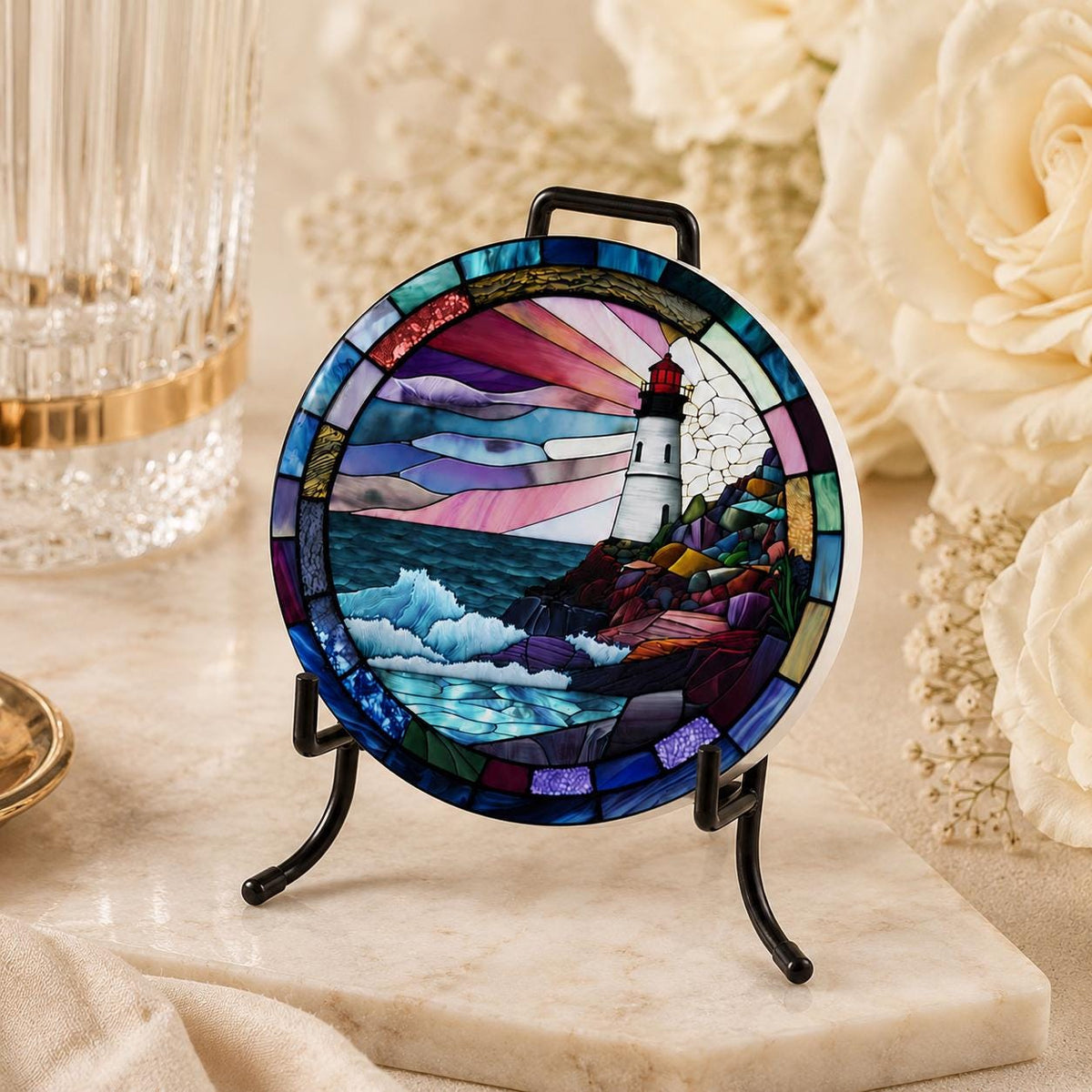 Coastal Lighthouse Ceramic Coaster, Round Ocean Drink Mat, Nautical Gift Decor