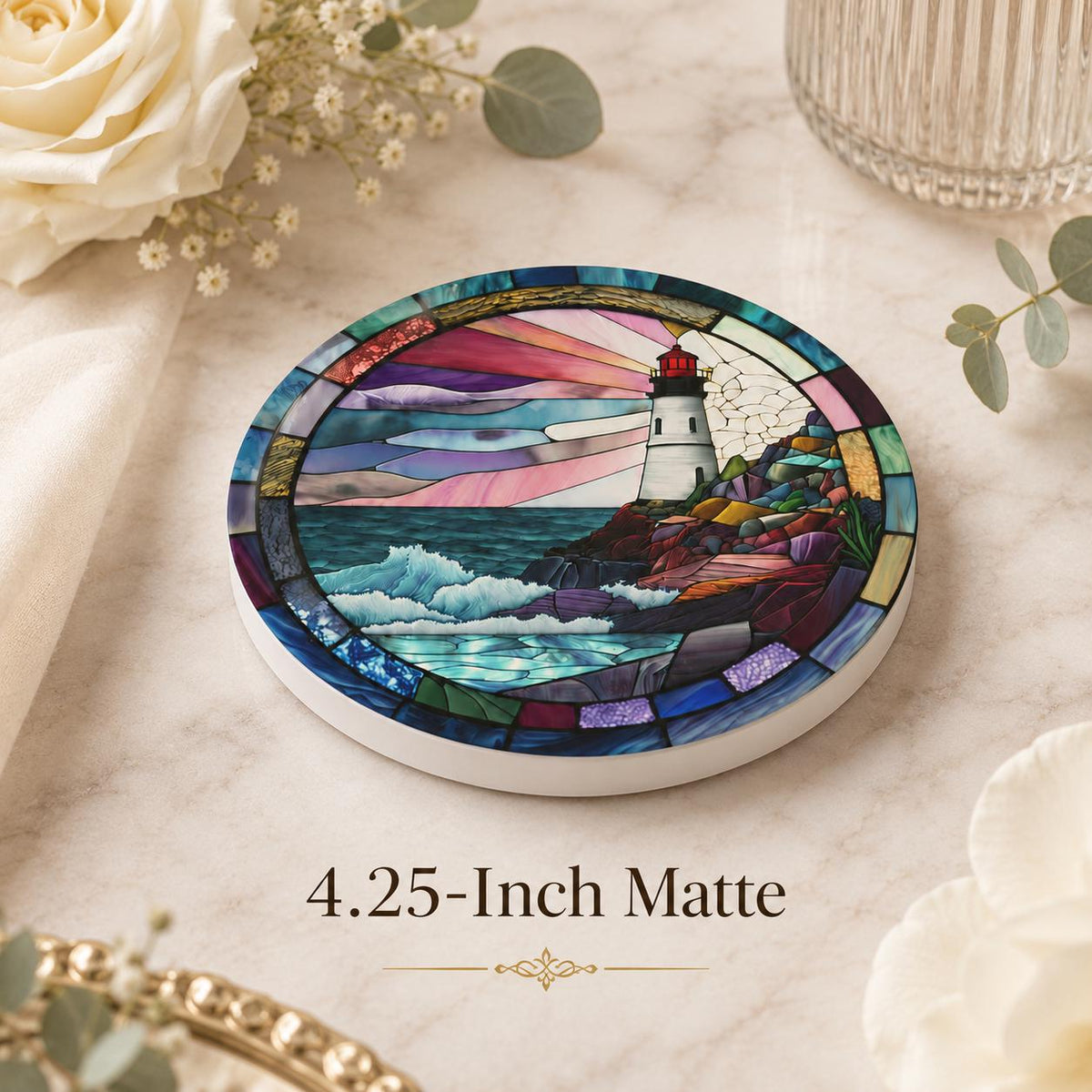 Coastal Lighthouse Ceramic Coaster, Round Ocean Drink Mat, Nautical Gift Decor
