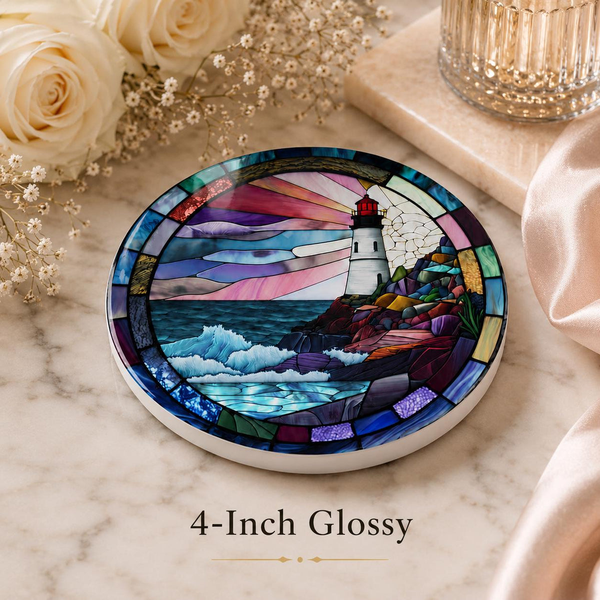 Coastal Lighthouse Ceramic Coaster, Round Ocean Drink Mat, Nautical Gift Decor