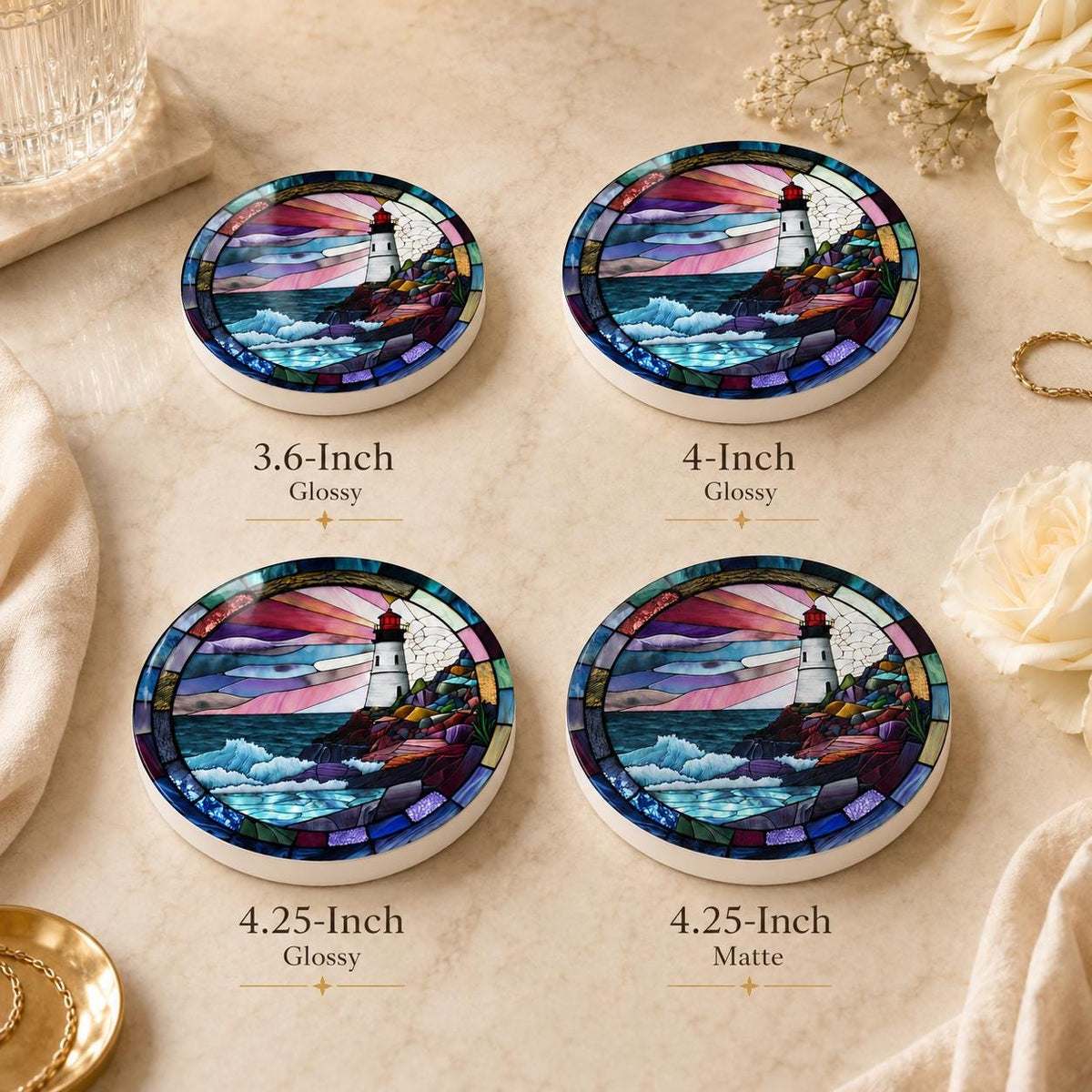 Coastal Lighthouse Ceramic Coaster, Round Ocean Drink Mat, Nautical Gift Decor
