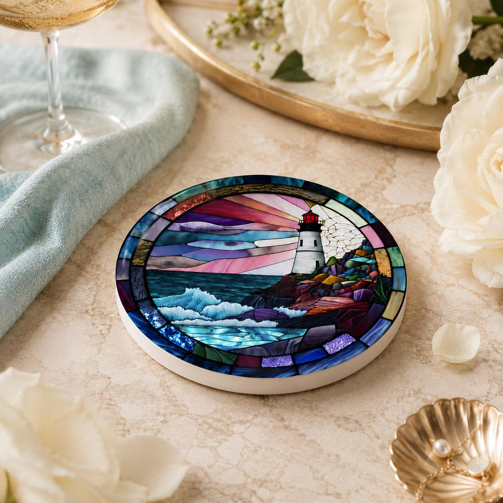 Coastal Lighthouse Ceramic Coaster, Round Ocean Drink Mat, Nautical Gift Decor