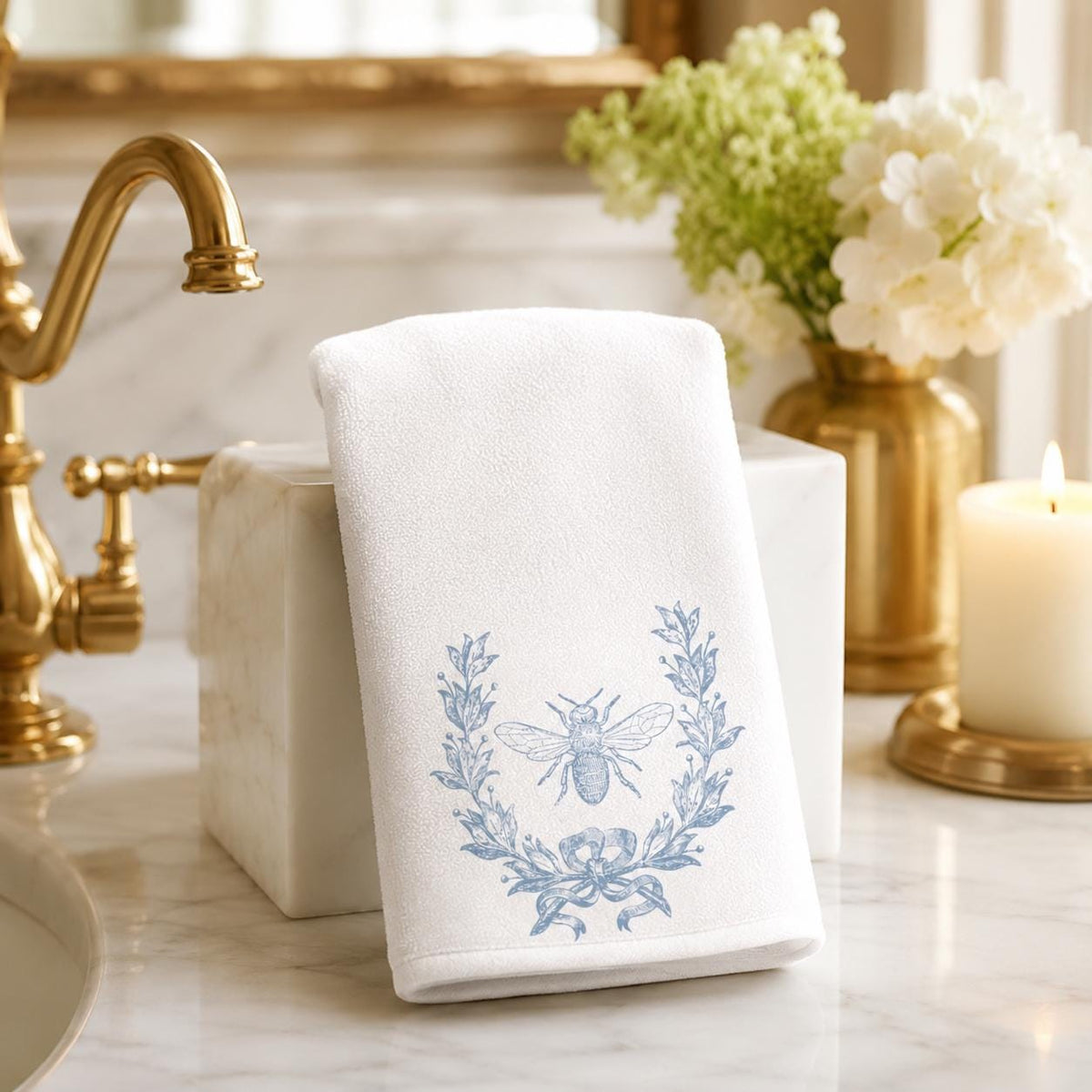 Blue Bee Fingertip Towel, Botanical Guest Bath Decor, White Powder Room Accent