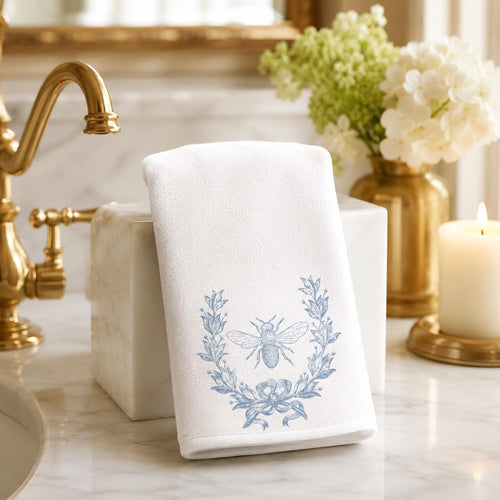 Blue Bee Fingertip Towel, Botanical Guest Bath Decor, White Powder Room Accent