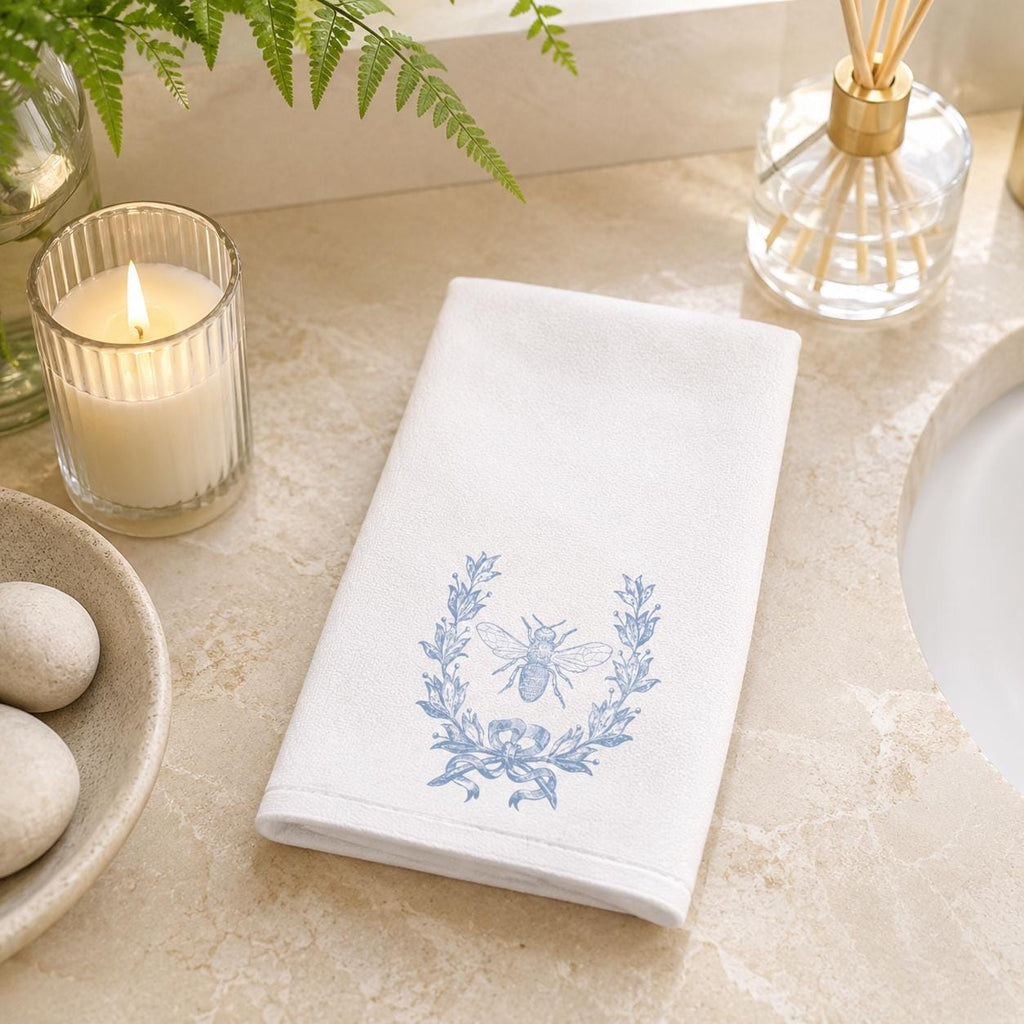 Blue Bee Fingertip Towel, Botanical Guest Bath Decor, White Powder Room Accent