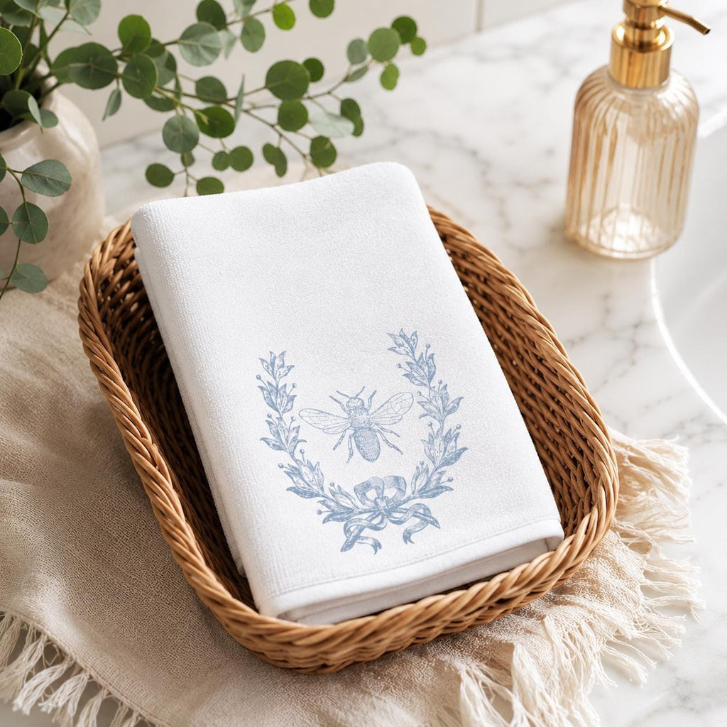 Blue Bee Fingertip Towel, Botanical Guest Bath Decor, White Powder Room Accent