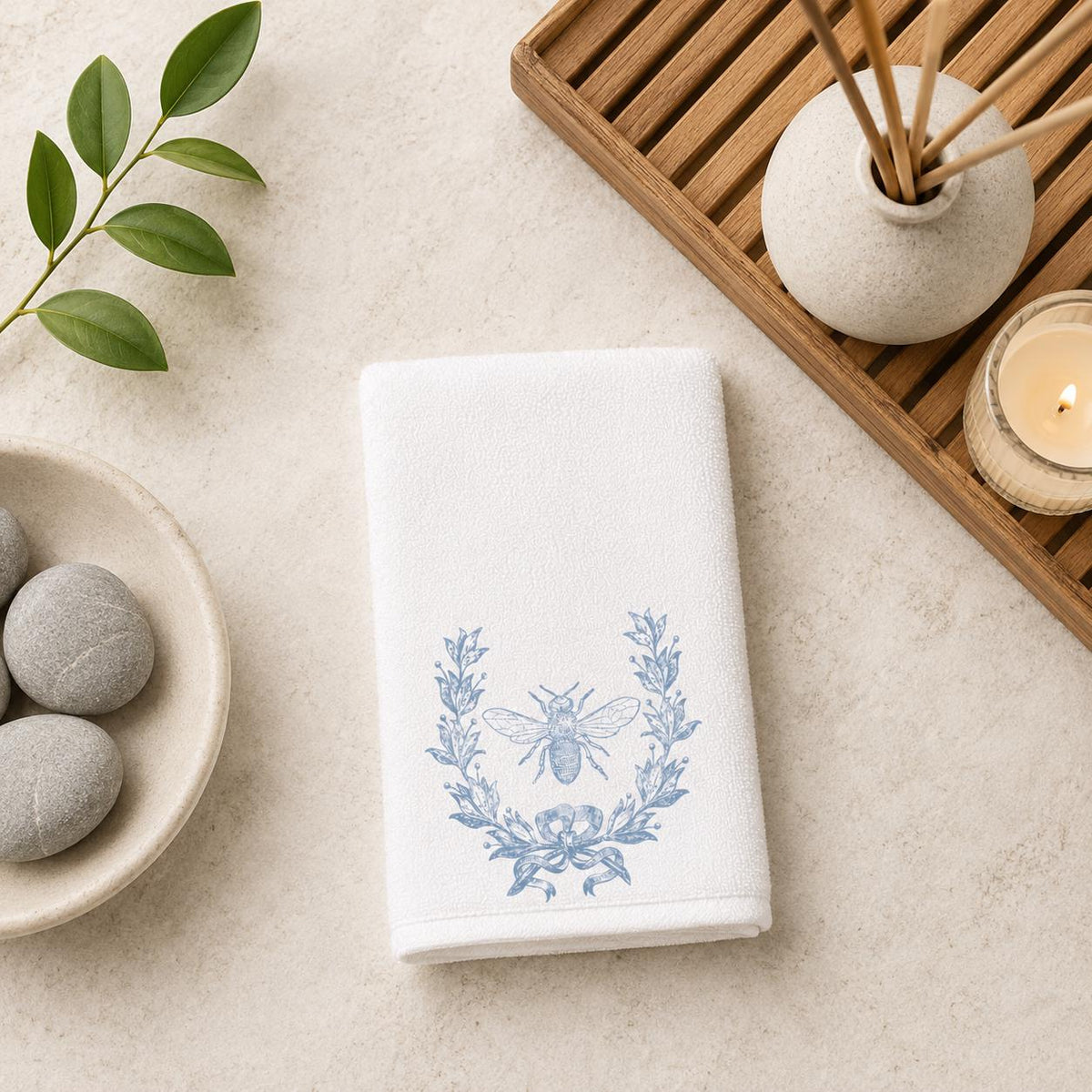 Blue Bee Fingertip Towel, Botanical Guest Bath Decor, White Powder Room Accent