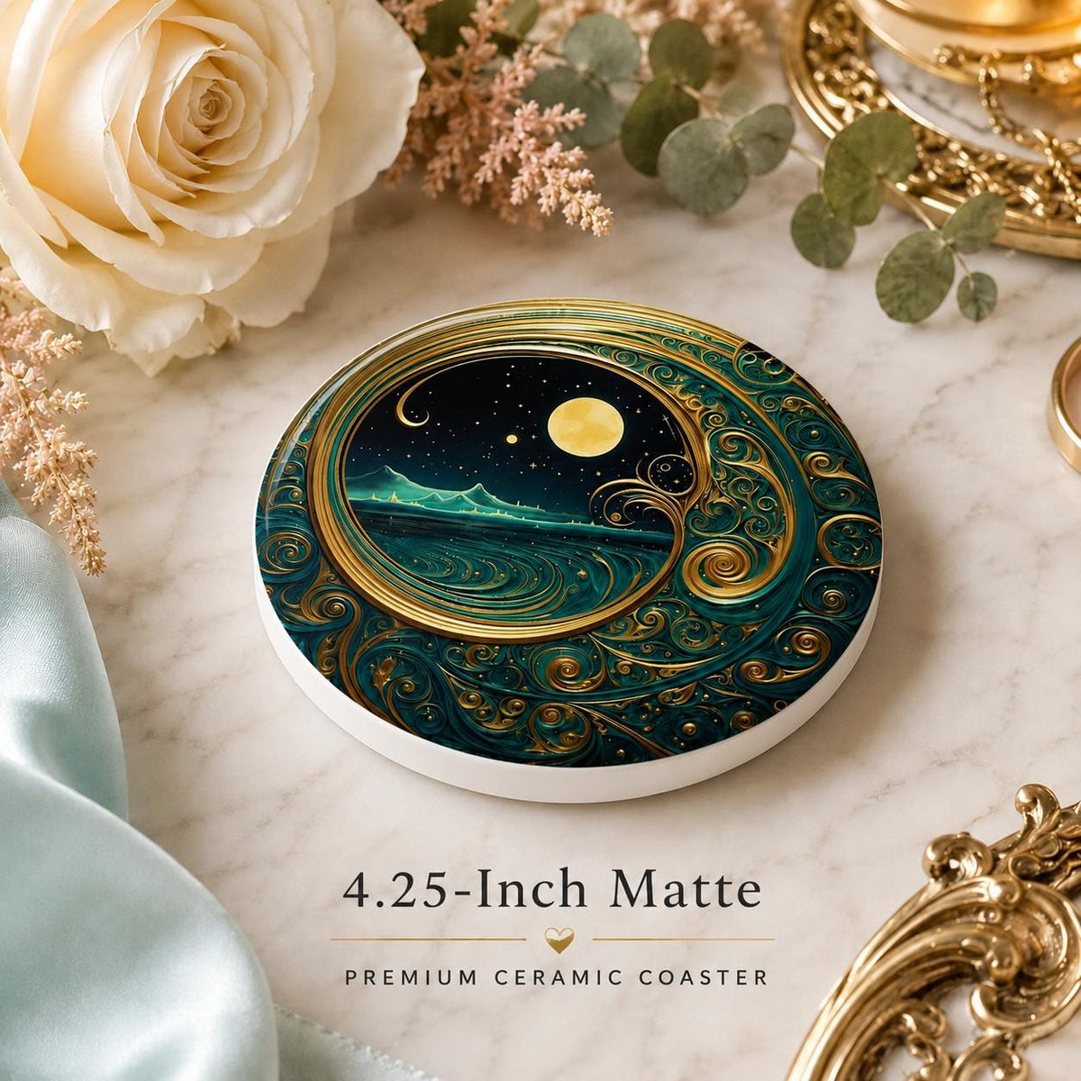 Moonlit Ocean Coaster, Celestial Coastal Decor, Teal Gold Art Nouveau Gift