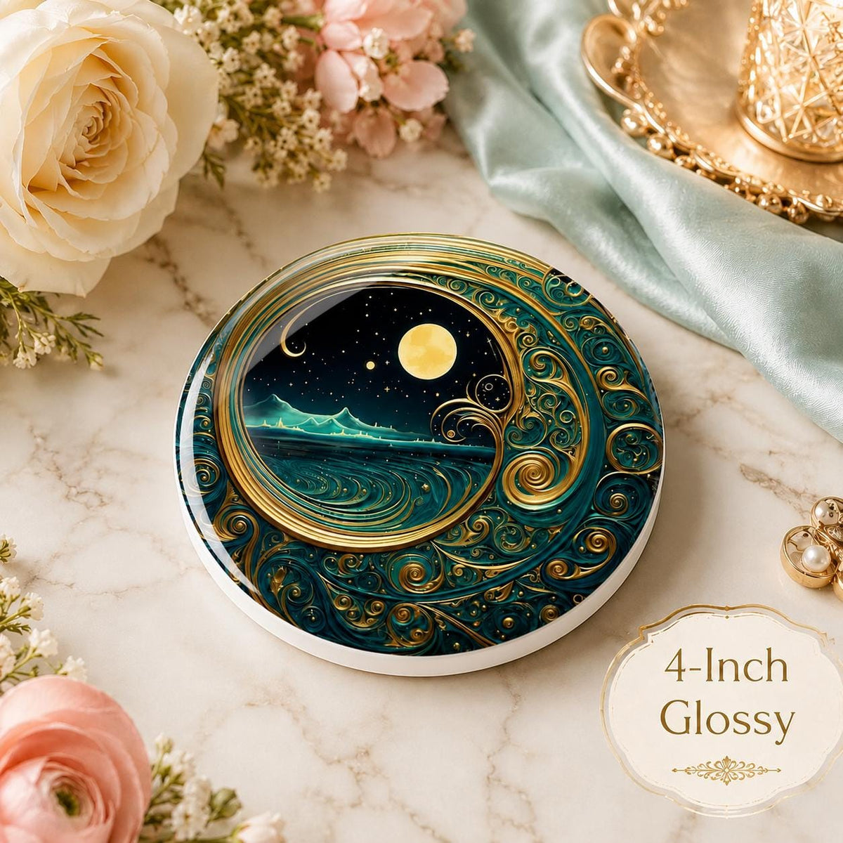 Moonlit Ocean Coaster, Celestial Coastal Decor, Teal Gold Art Nouveau Gift