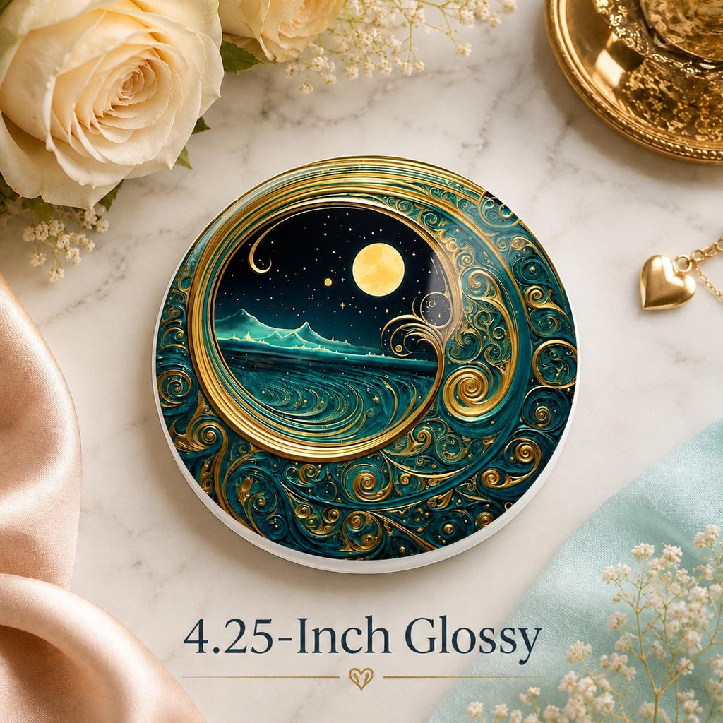 Moonlit Ocean Coaster, Celestial Coastal Decor, Teal Gold Art Nouveau Gift