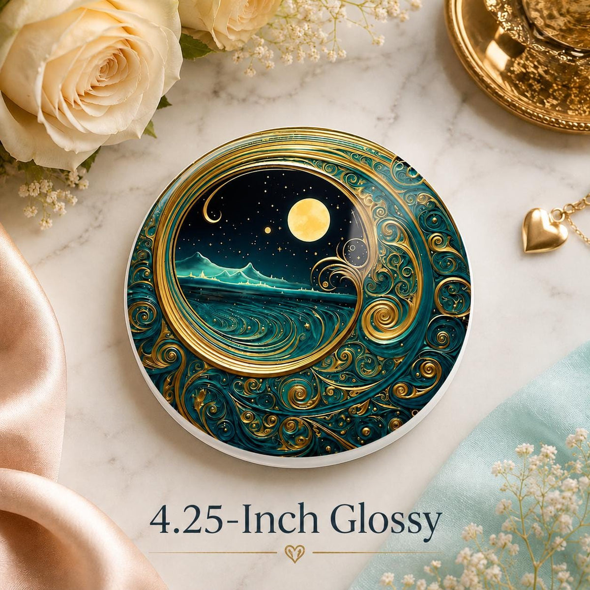 Moonlit Ocean Coaster, Celestial Coastal Decor, Teal Gold Art Nouveau Gift