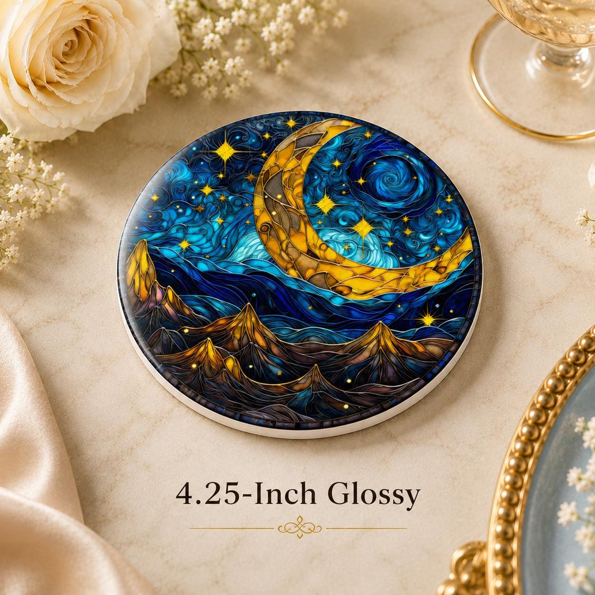 Crescent Moon Ceramic Coaster, Celestial Mountain Decor, Blue Night Sky Gift