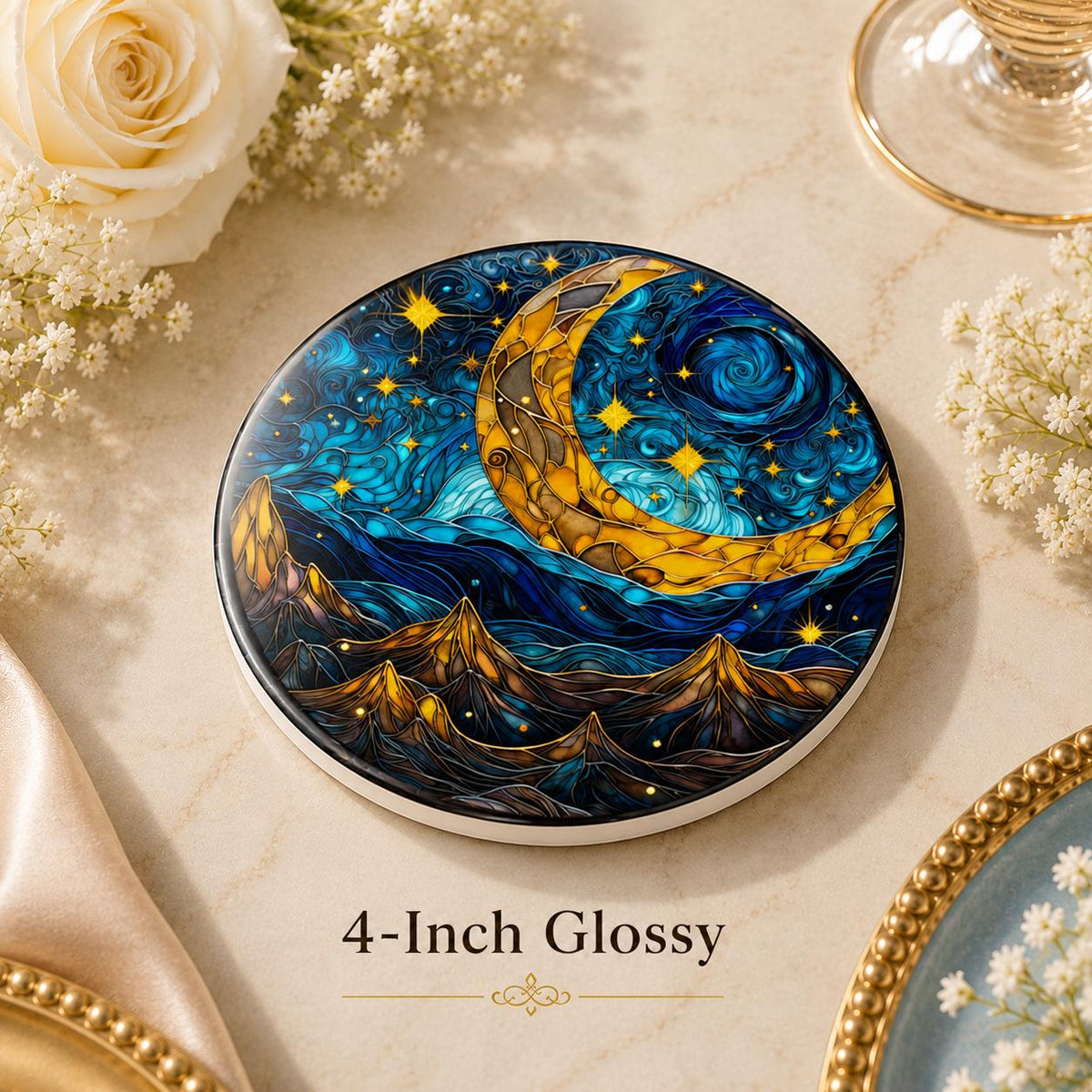 Crescent Moon Ceramic Coaster, Celestial Mountain Decor, Blue Night Sky Gift