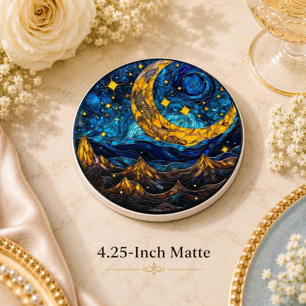 Crescent Moon Ceramic Coaster, Celestial Mountain Decor, Blue Night Sky Gift