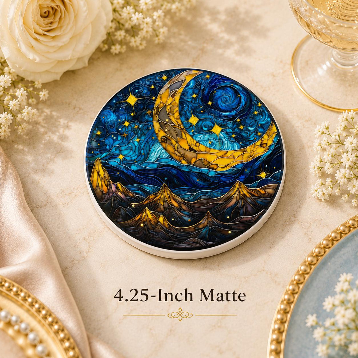Crescent Moon Ceramic Coaster, Celestial Mountain Decor, Blue Night Sky Gift