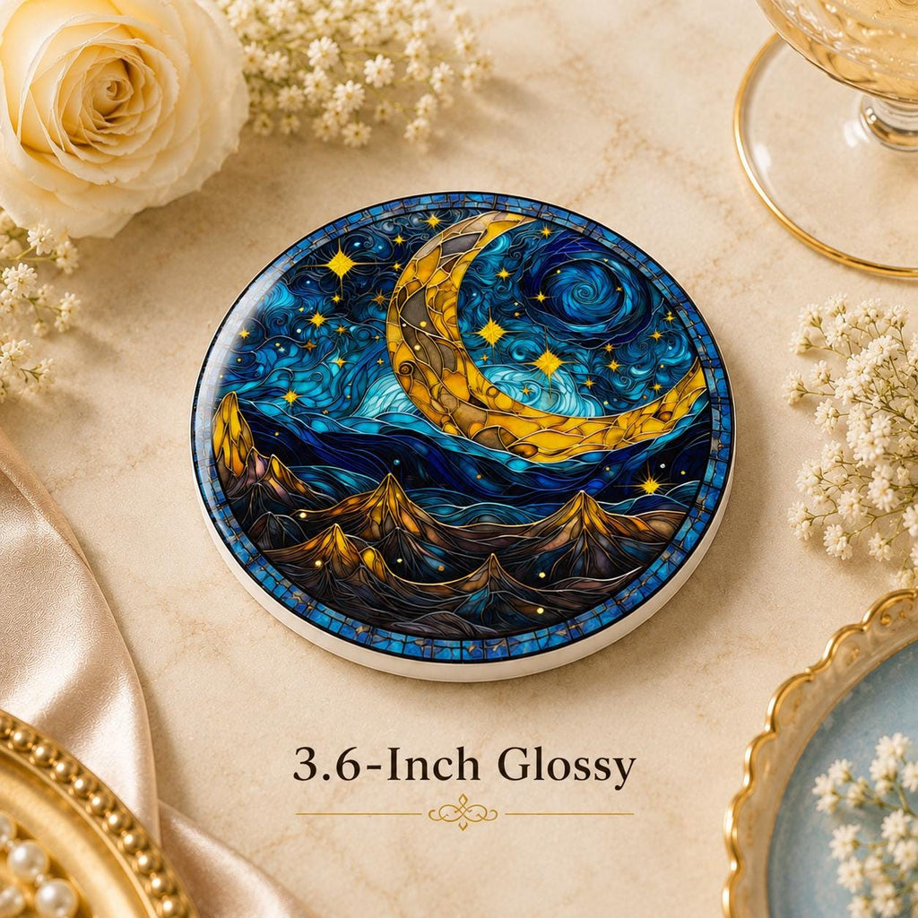 Crescent Moon Ceramic Coaster, Celestial Mountain Decor, Blue Night Sky Gift