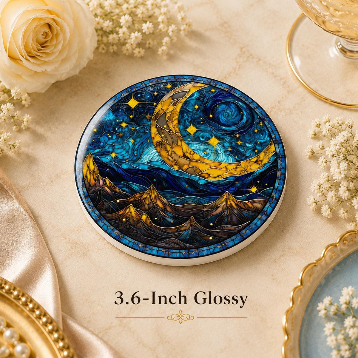 Crescent Moon Ceramic Coaster, Celestial Mountain Decor, Blue Night Sky Gift