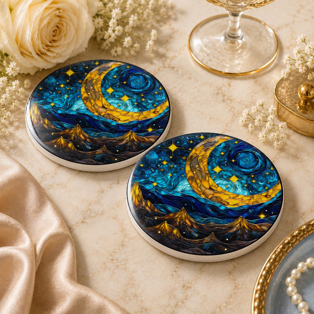 Crescent Moon Ceramic Coaster, Celestial Mountain Decor, Blue Night Sky Gift