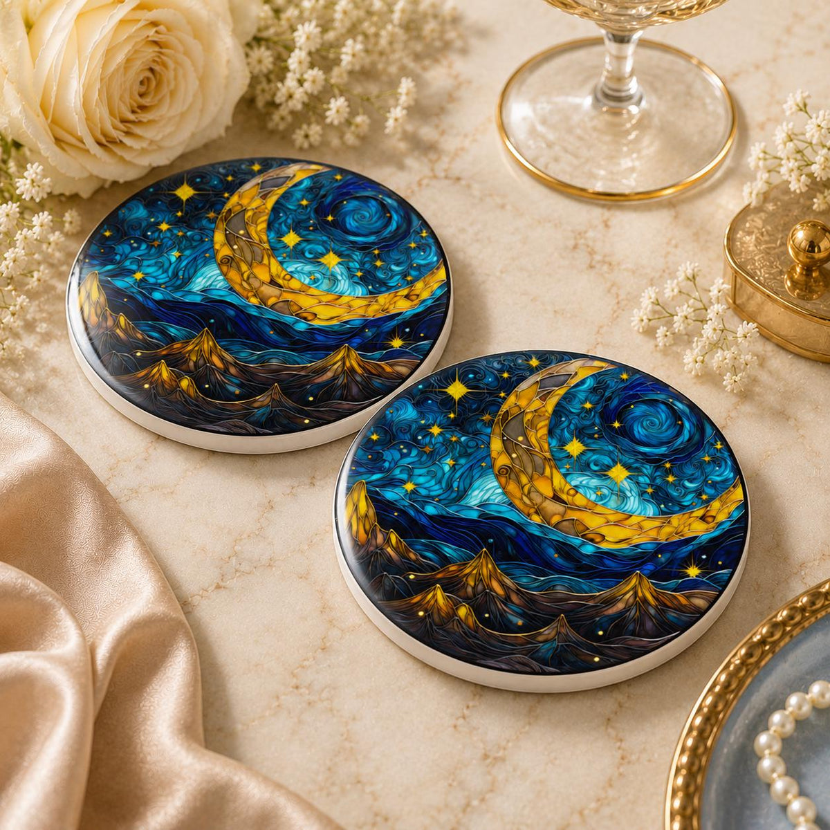 Crescent Moon Ceramic Coaster, Celestial Mountain Decor, Blue Night Sky Gift