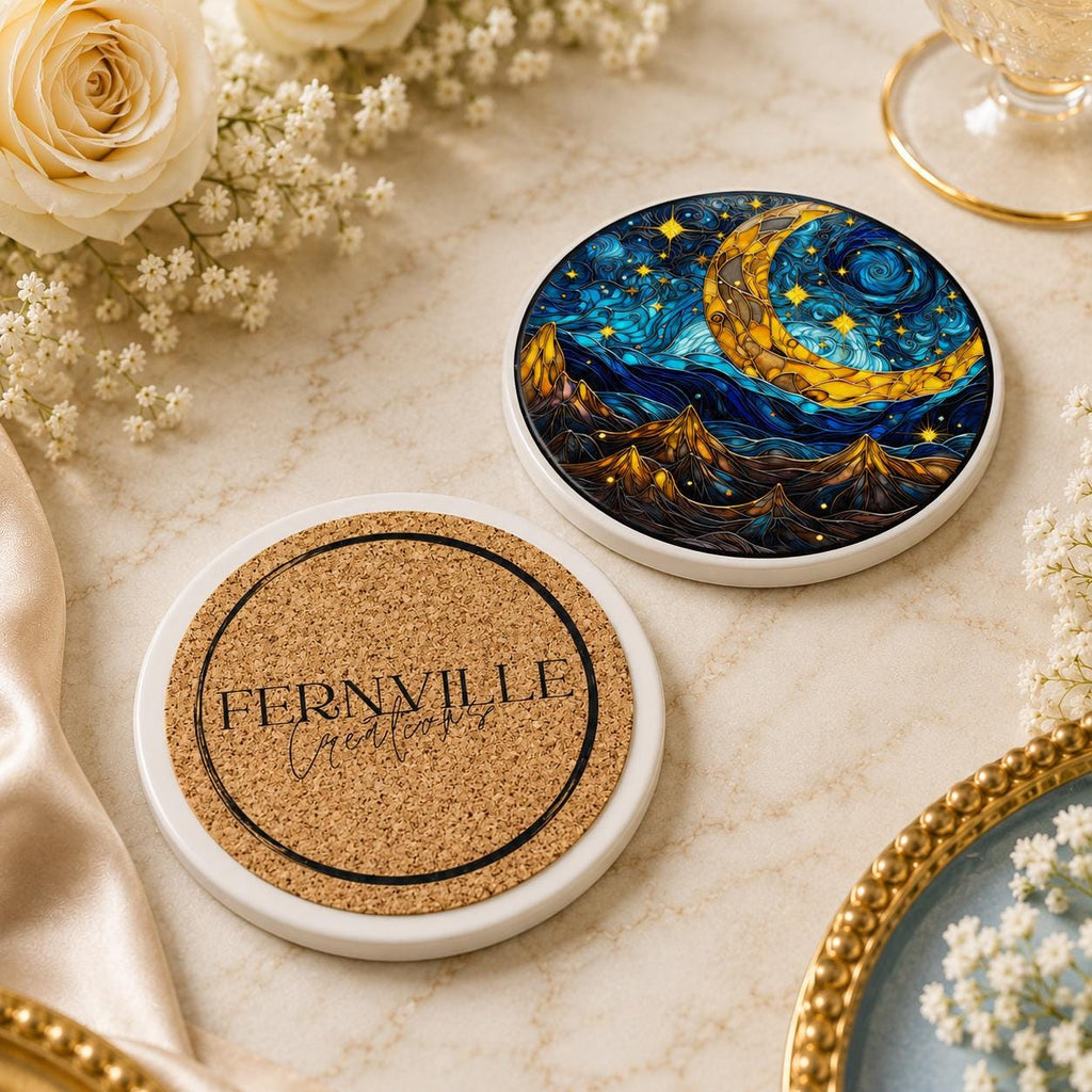 Crescent Moon Ceramic Coaster, Celestial Mountain Decor, Blue Night Sky Gift