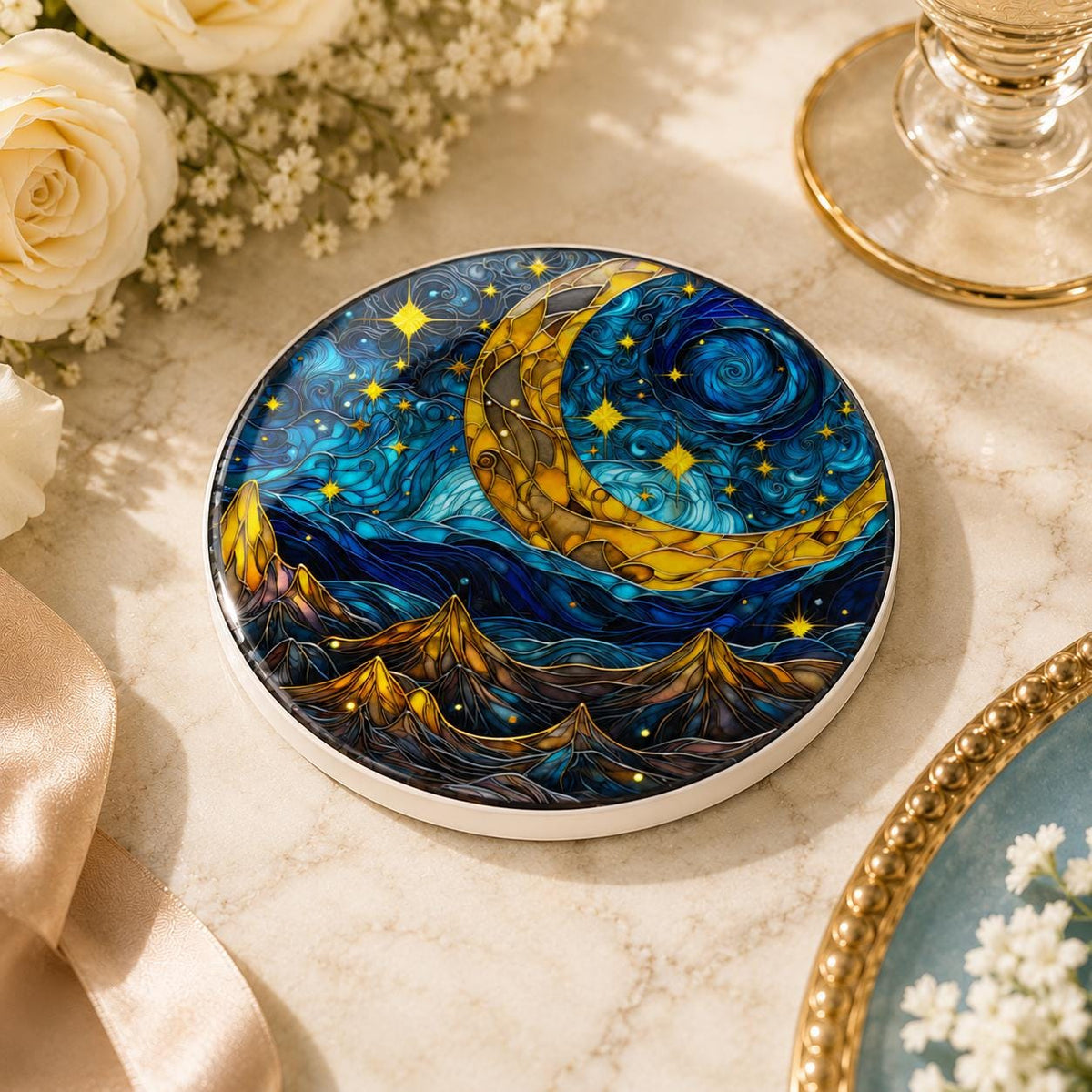 Crescent Moon Ceramic Coaster, Celestial Mountain Decor, Blue Night Sky Gift