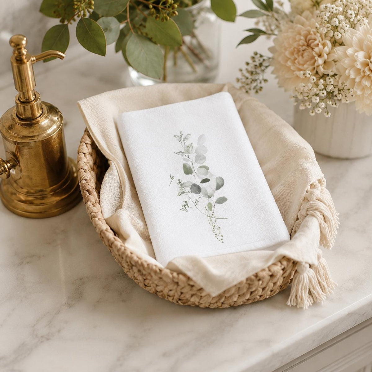 Eucalyptus Fingertip Towel, Botanical Guest Bath Decor, White Powder Room Accent
