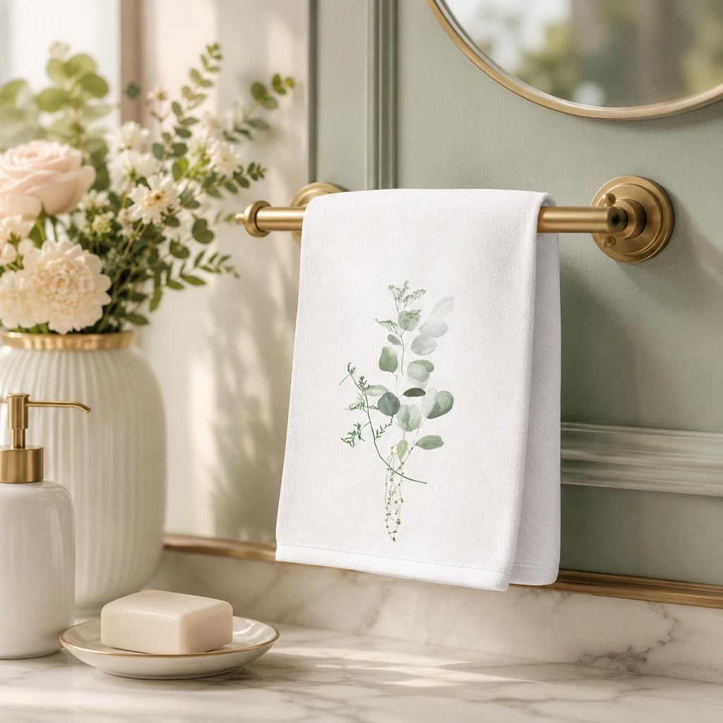 Eucalyptus Fingertip Towel, Botanical Guest Bath Decor, White Powder Room Accent