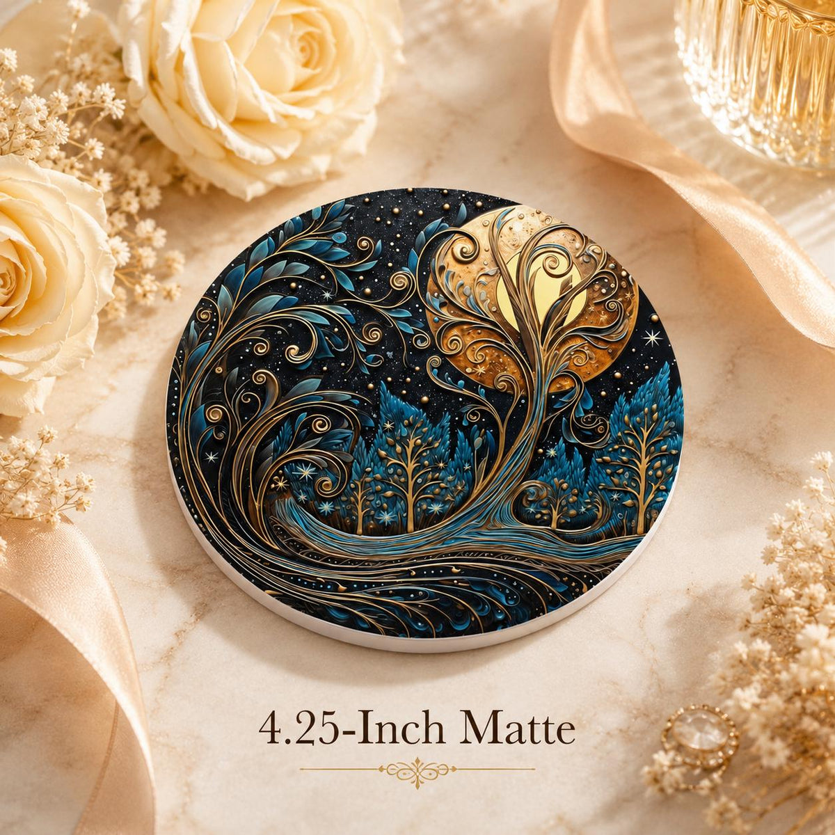 Moon Tree Ceramic Coaster, Blue Gold Celestial Forest Decor Gift