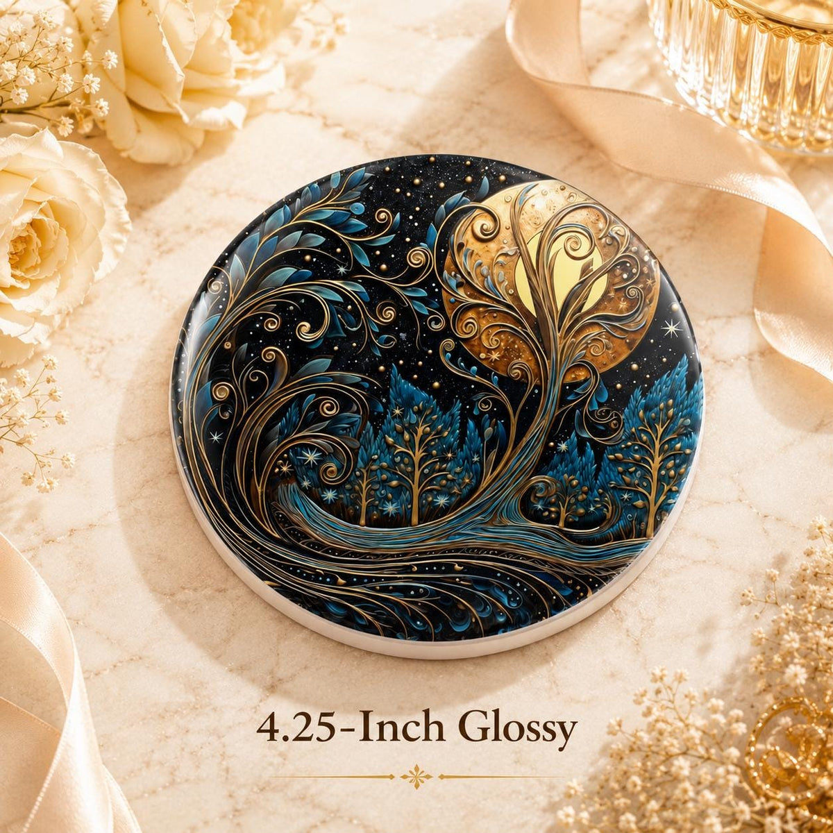Moon Tree Ceramic Coaster, Blue Gold Celestial Forest Decor Gift