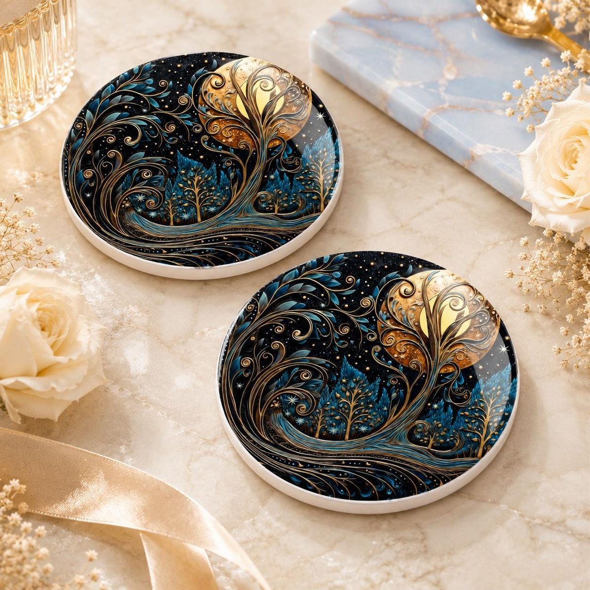 Moon Tree Ceramic Coaster, Blue Gold Celestial Forest Decor Gift