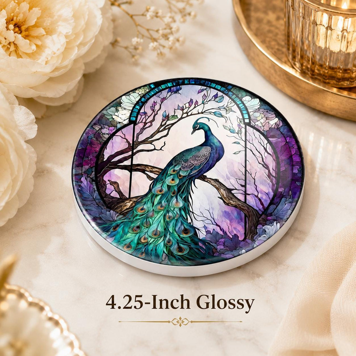 Peacock Ceramic Coaster, Purple Teal Art-Glass Garden Bird Decor Gift