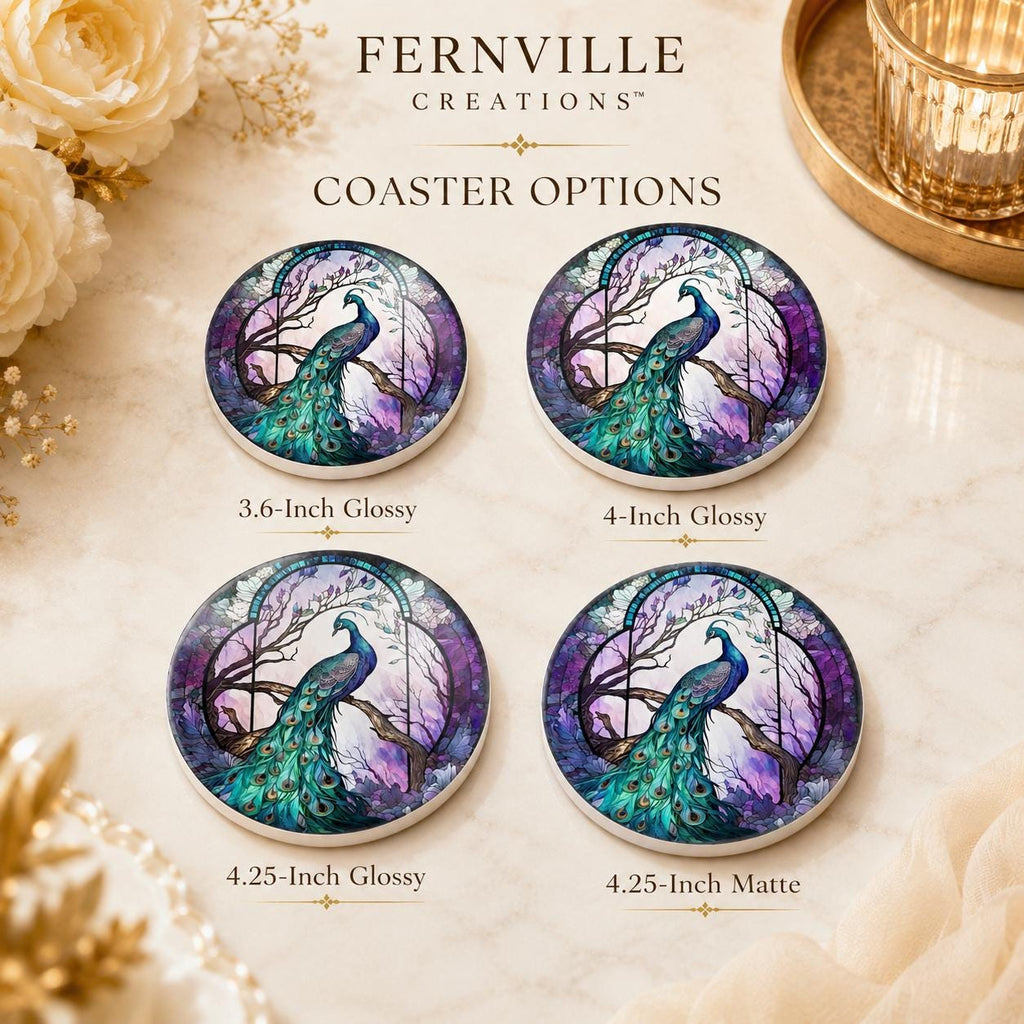 Peacock Ceramic Coaster, Purple Teal Art-Glass Garden Bird Decor Gift
