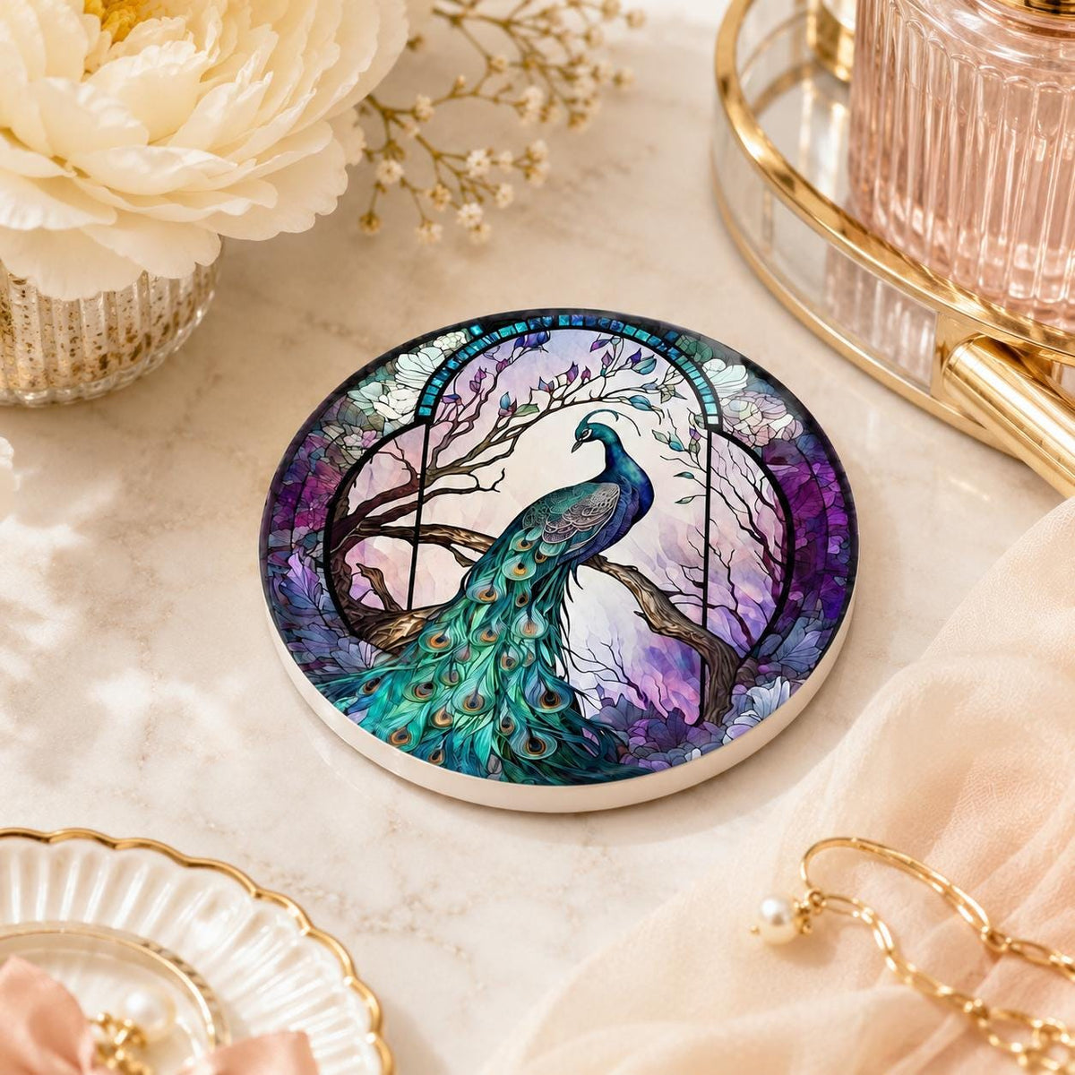 Peacock Ceramic Coaster, Purple Teal Art-Glass Garden Bird Decor Gift