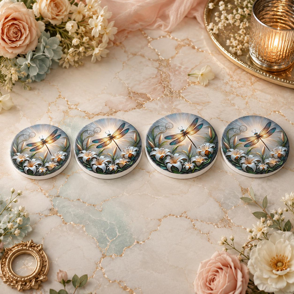 Dragonfly Lily Ceramic Coaster, Round Floral Drink Mat, Garden Art Decor