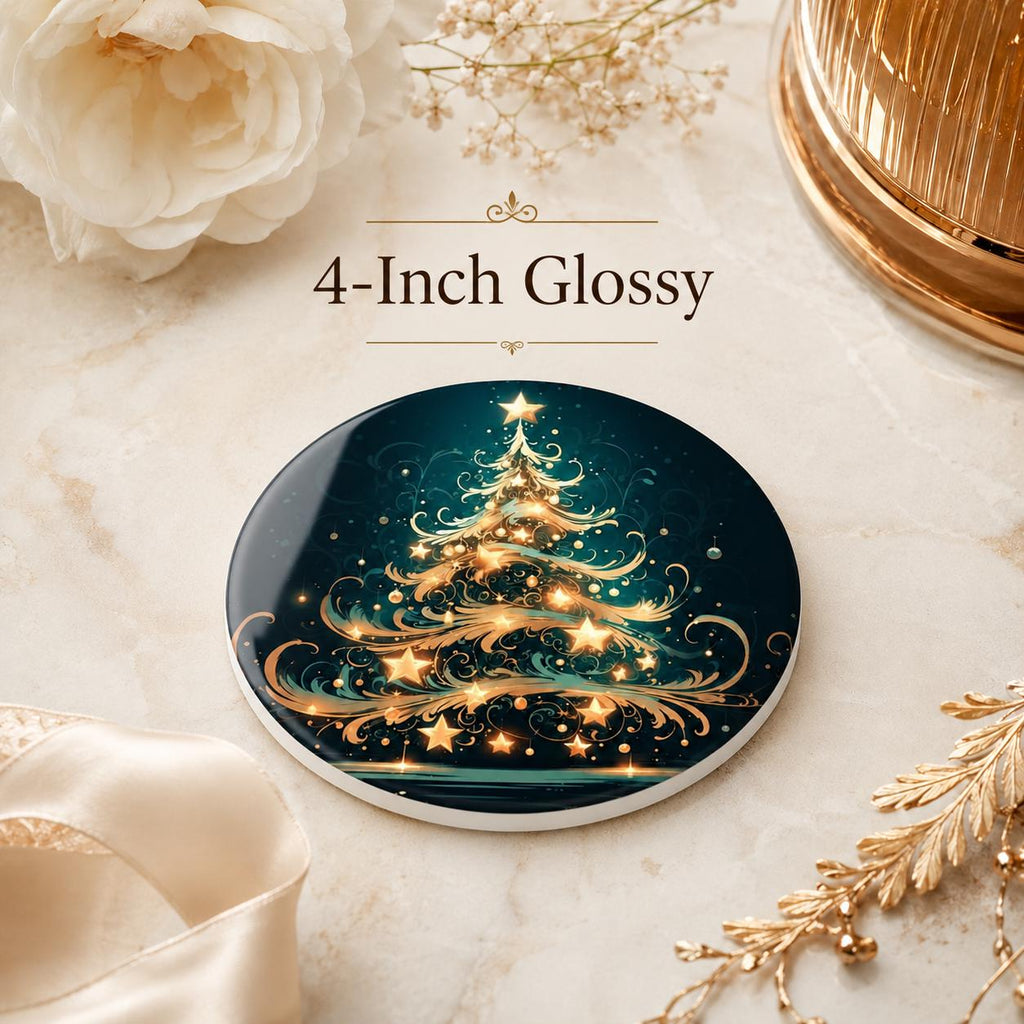 Christmas Tree Ceramic Coaster, Gold Teal Holiday Drinkware Decor, Luxe Winter Table Accent