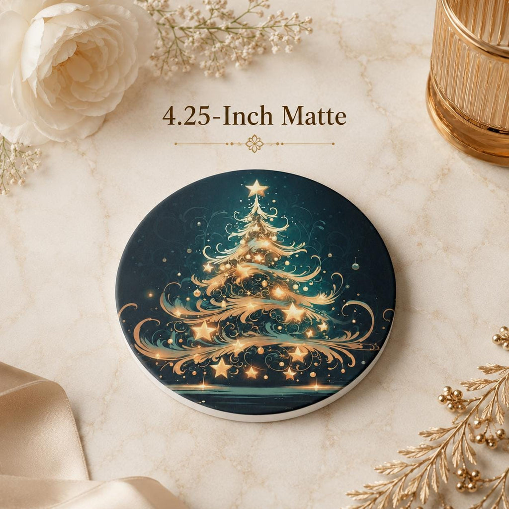 Christmas Tree Ceramic Coaster, Gold Teal Holiday Drinkware Decor, Luxe Winter Table Accent