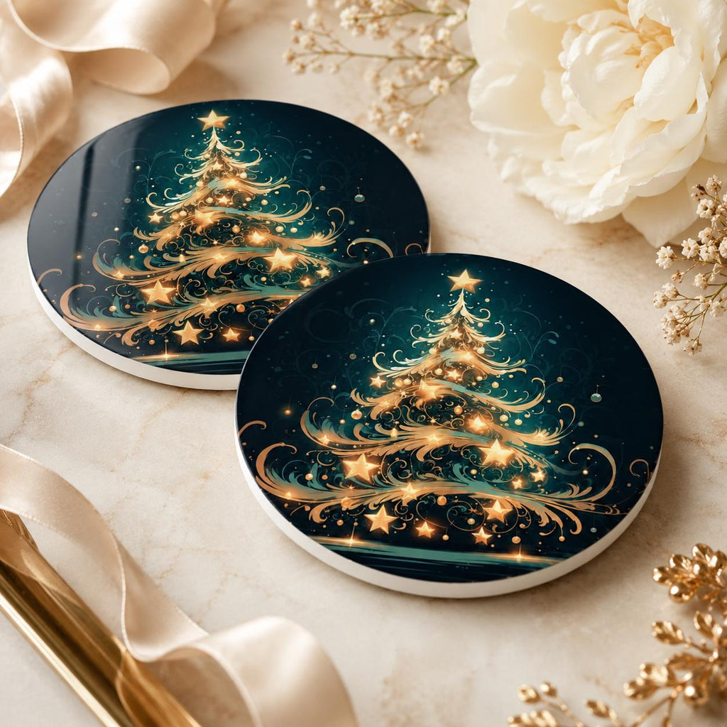 Christmas Tree Ceramic Coaster, Gold Teal Holiday Drinkware Decor, Luxe Winter Table Accent