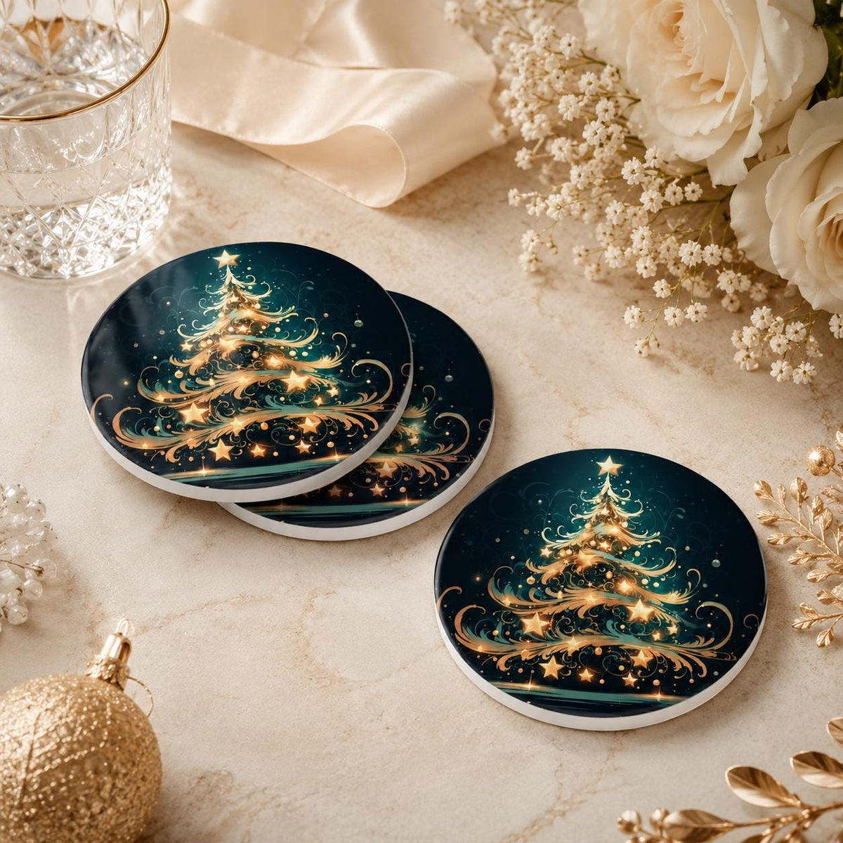 Christmas Tree Ceramic Coaster, Gold Teal Holiday Drinkware Decor, Luxe Winter Table Accent