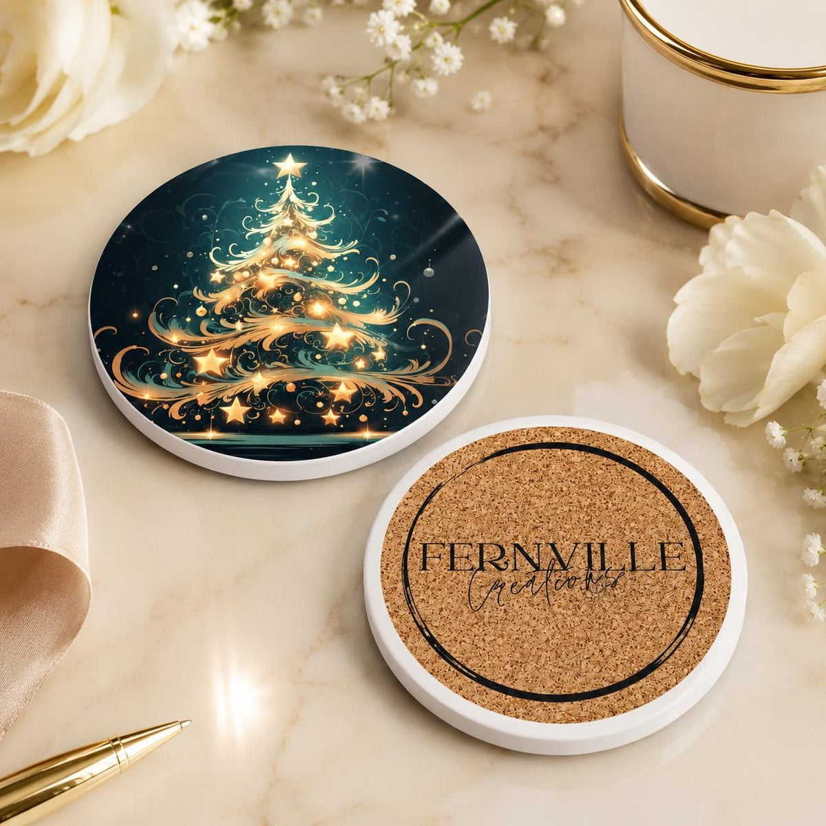 Christmas Tree Ceramic Coaster, Gold Teal Holiday Drinkware Decor, Luxe Winter Table Accent