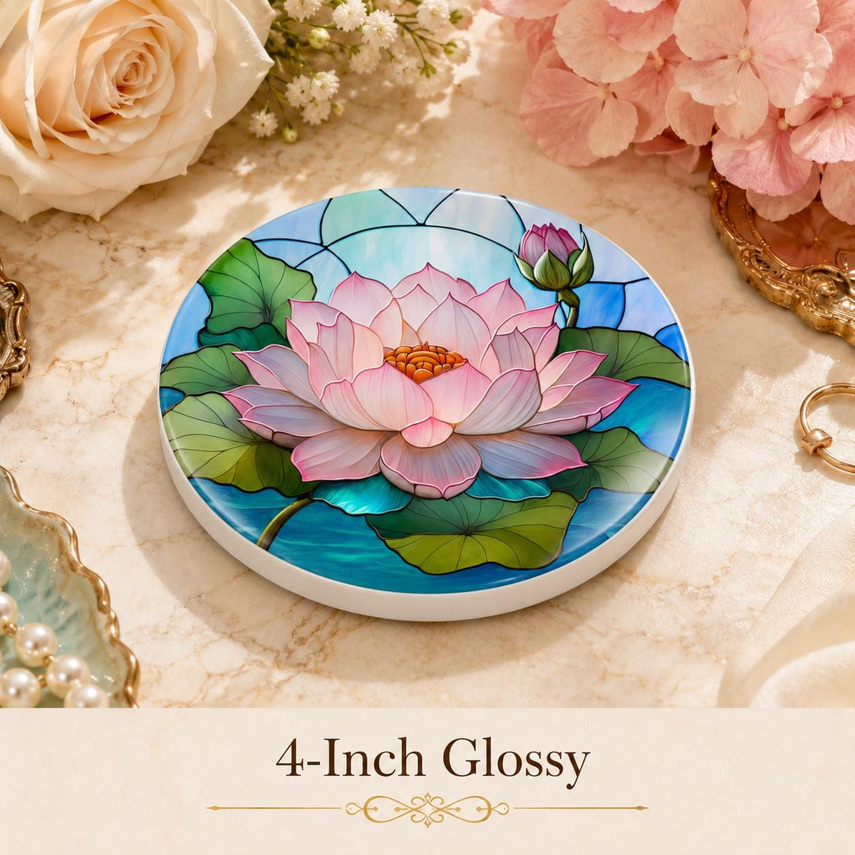 Lotus Lily Ceramic Coaster, Round Botanical Drink Mat, Spa Garden Decor
