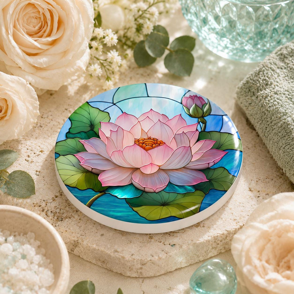 Lotus Lily Ceramic Coaster, Round Botanical Drink Mat, Spa Garden Decor