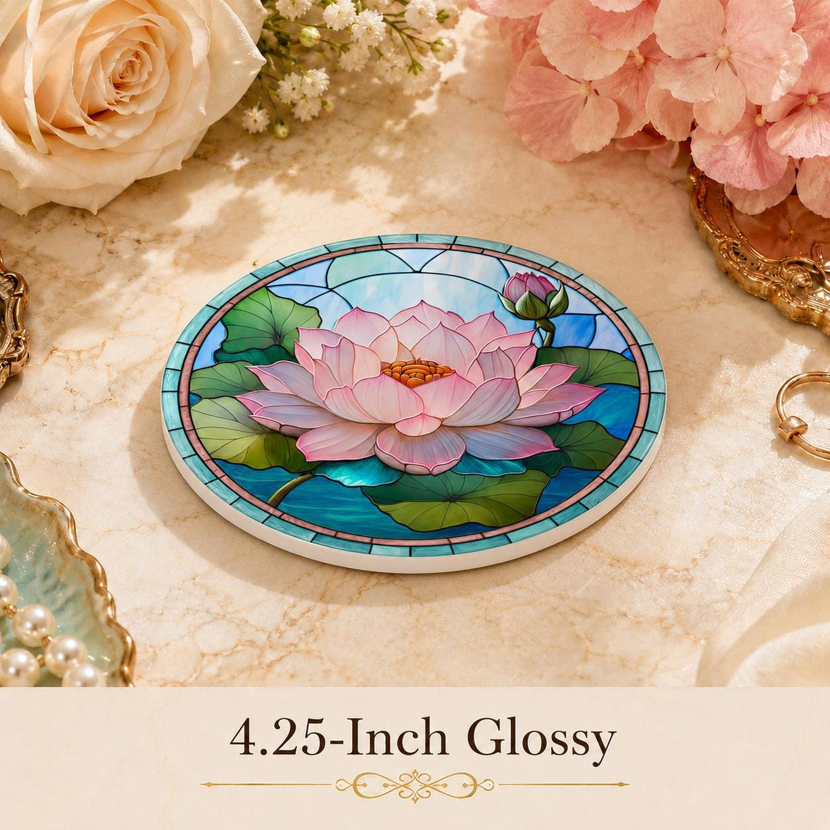 Lotus Lily Ceramic Coaster, Round Botanical Drink Mat, Spa Garden Decor