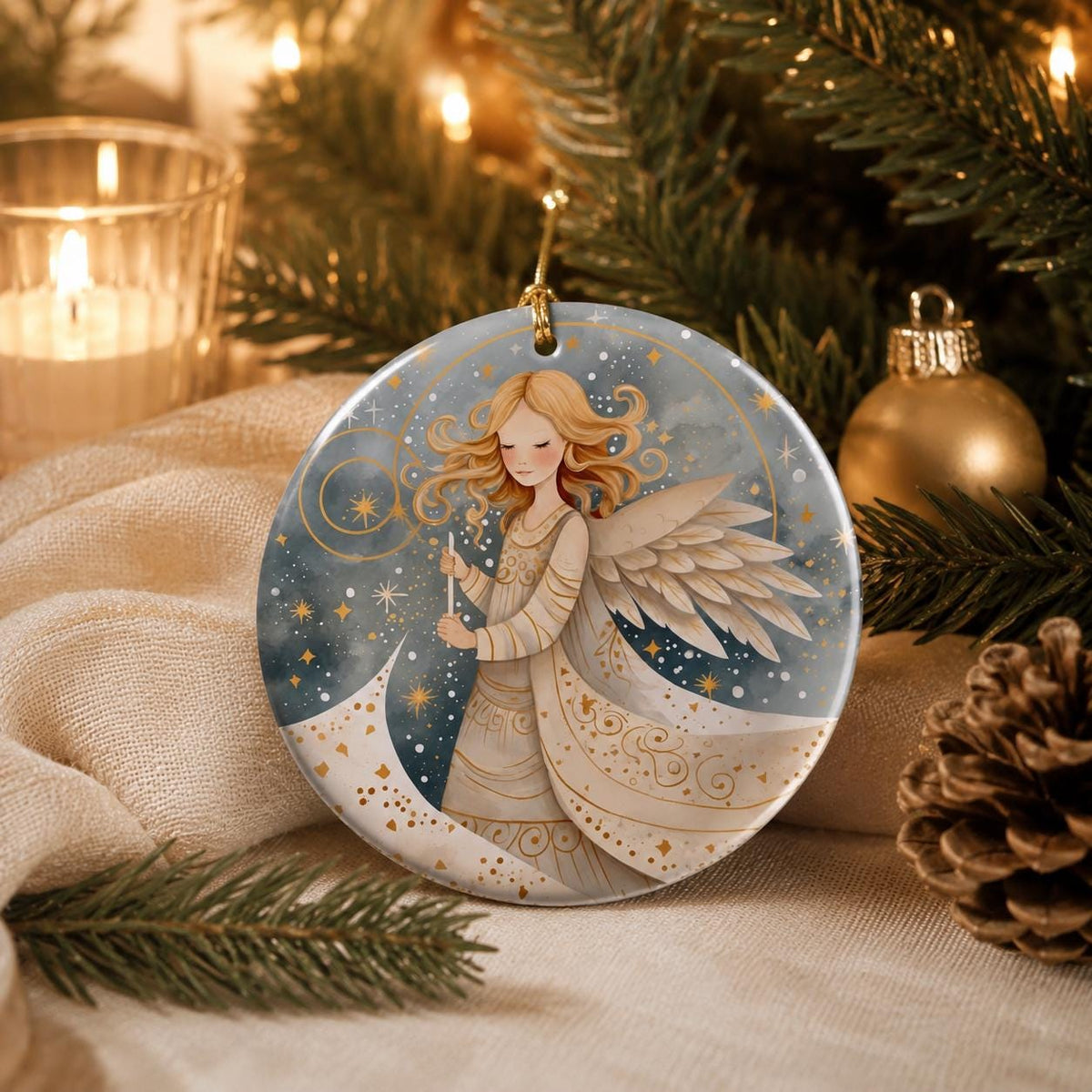 Celestial Angel Ornament, Ceramic Christmas Keepsake, Gold Star Heavenly Holiday Decor