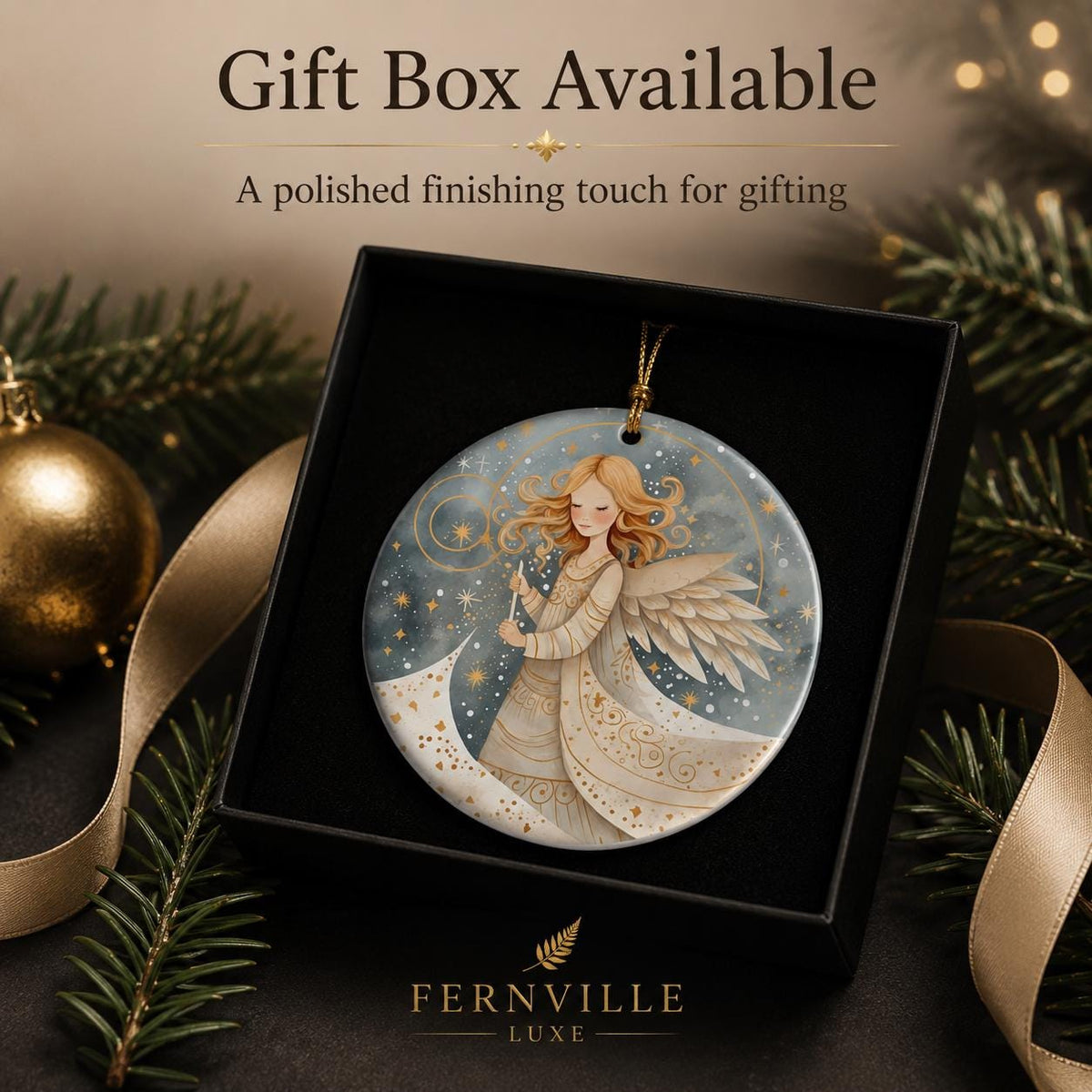 Celestial Angel Ornament, Ceramic Christmas Keepsake, Gold Star Heavenly Holiday Decor