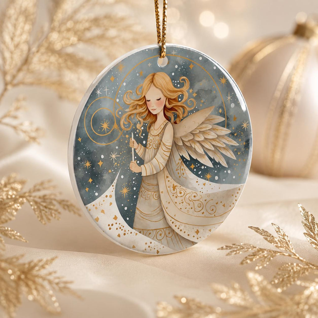 Celestial Angel Ornament, Ceramic Christmas Keepsake, Gold Star Heavenly Holiday Decor
